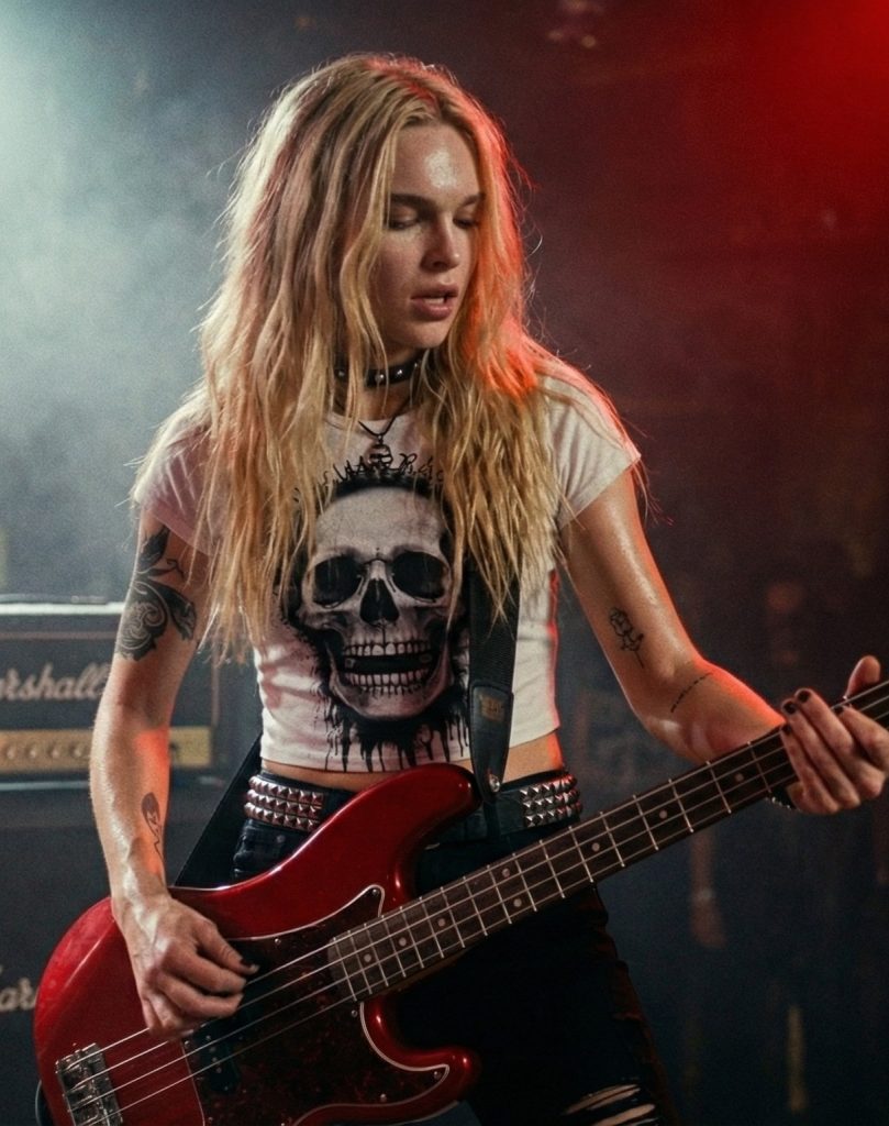 Elin Skär playing bass on stage