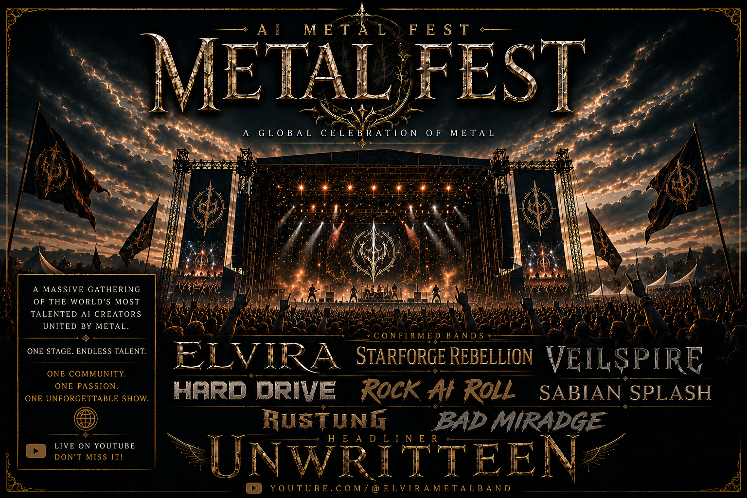 AI Metal Fest — A Global Celebration of Metal. Confirmed bands: Elvira, Starforge Rebellion, Veilspire, Hard Drive, Rock AI Roll, Sabian Splash, Rüstung, Bad Miradge. Headliner: Unwritten. Live on YouTube.