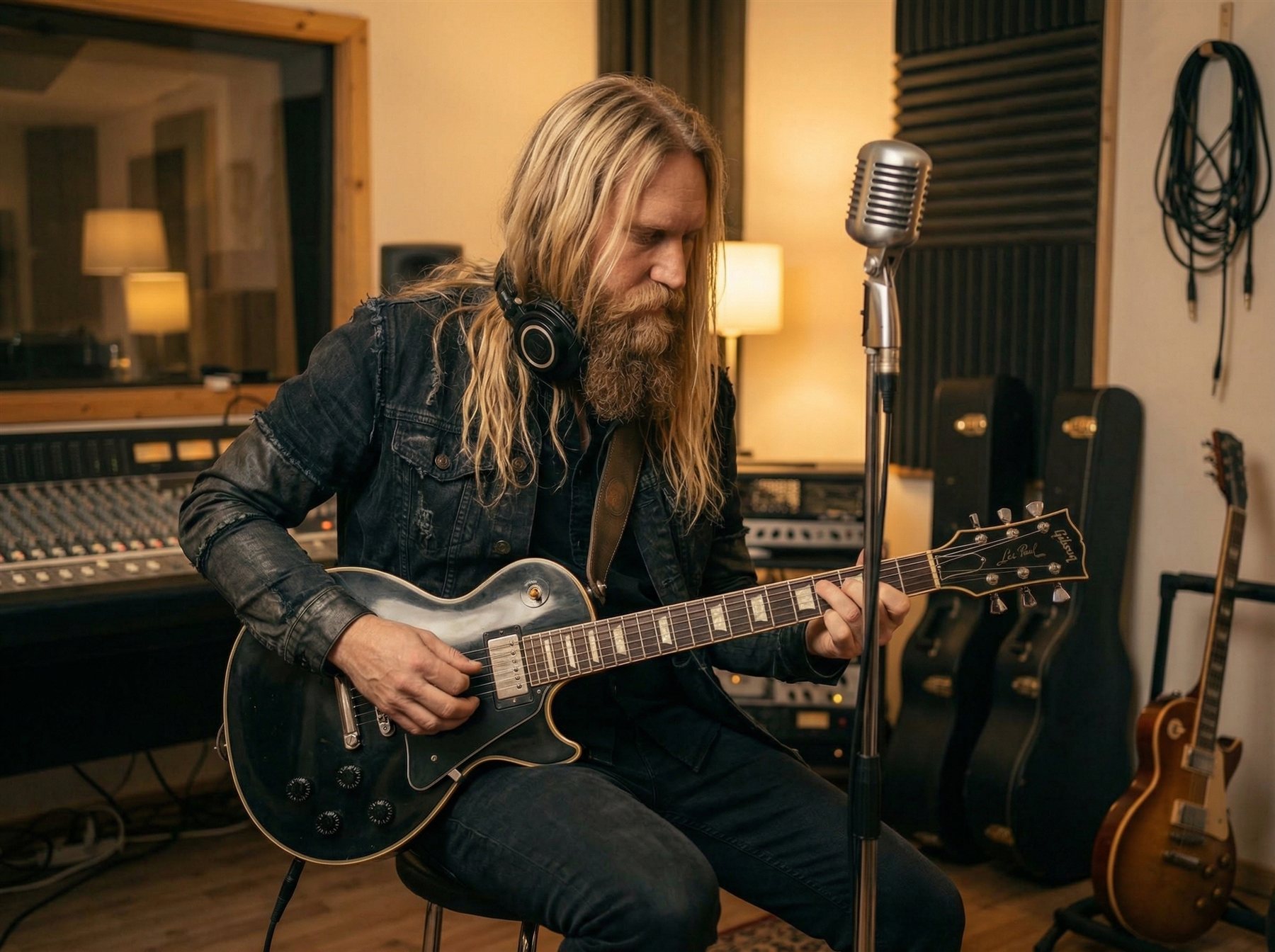 Leif Åkesson playing a black Les Paul guitar next to a vintage microphone