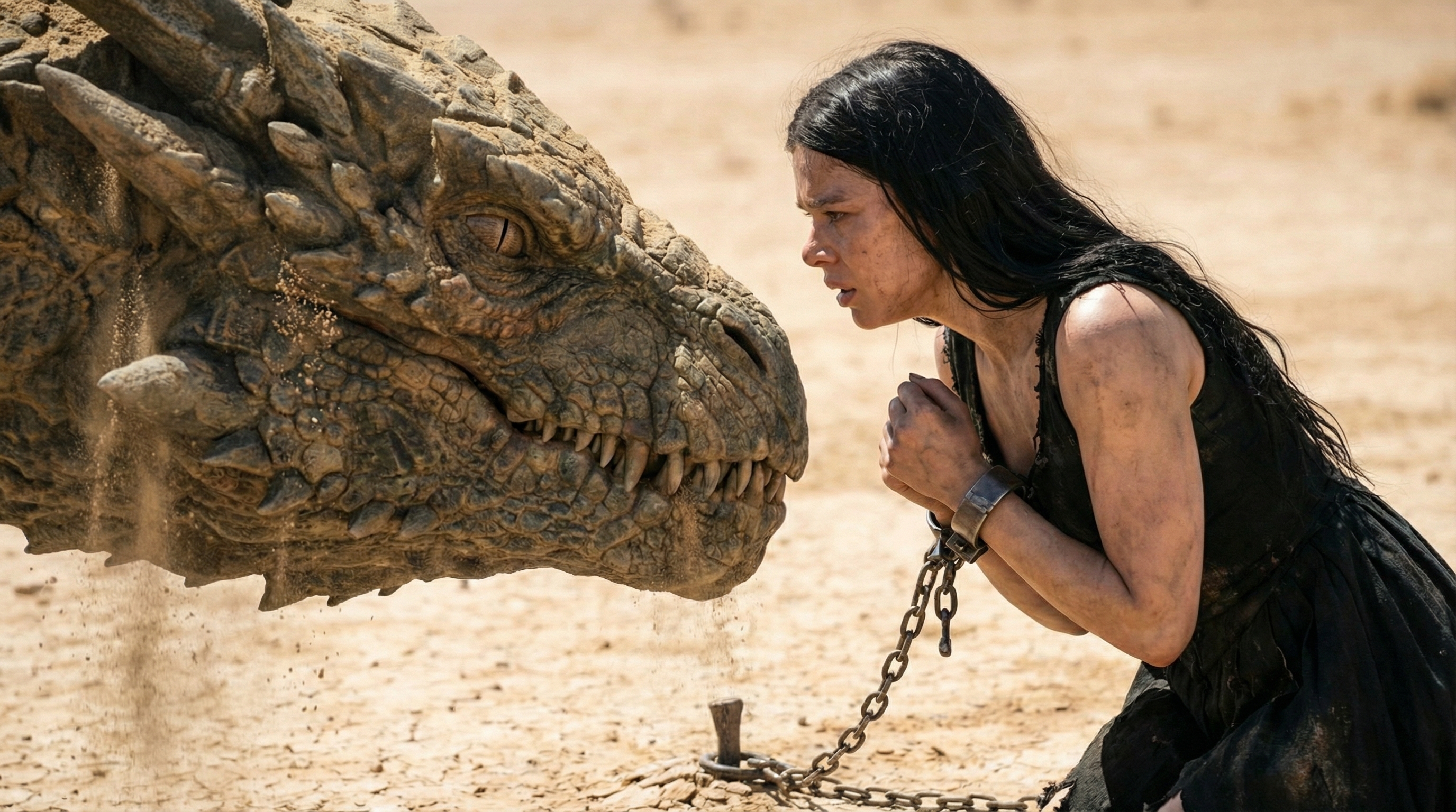 Elvira, still chained, reaching out to touch the Sandwyrm