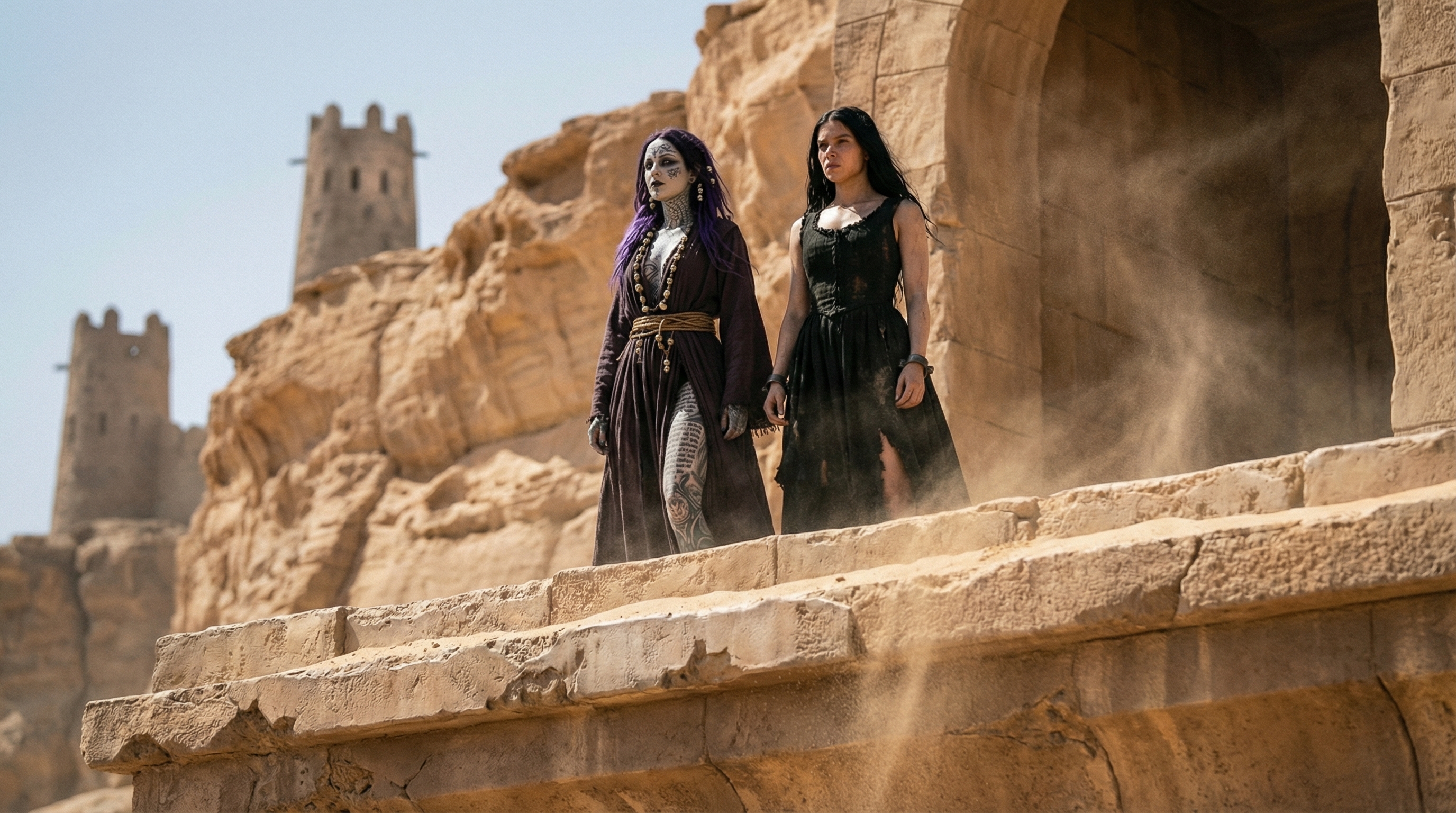 Vespera and Elvira stepping onto the ledge above Zul-Kharash