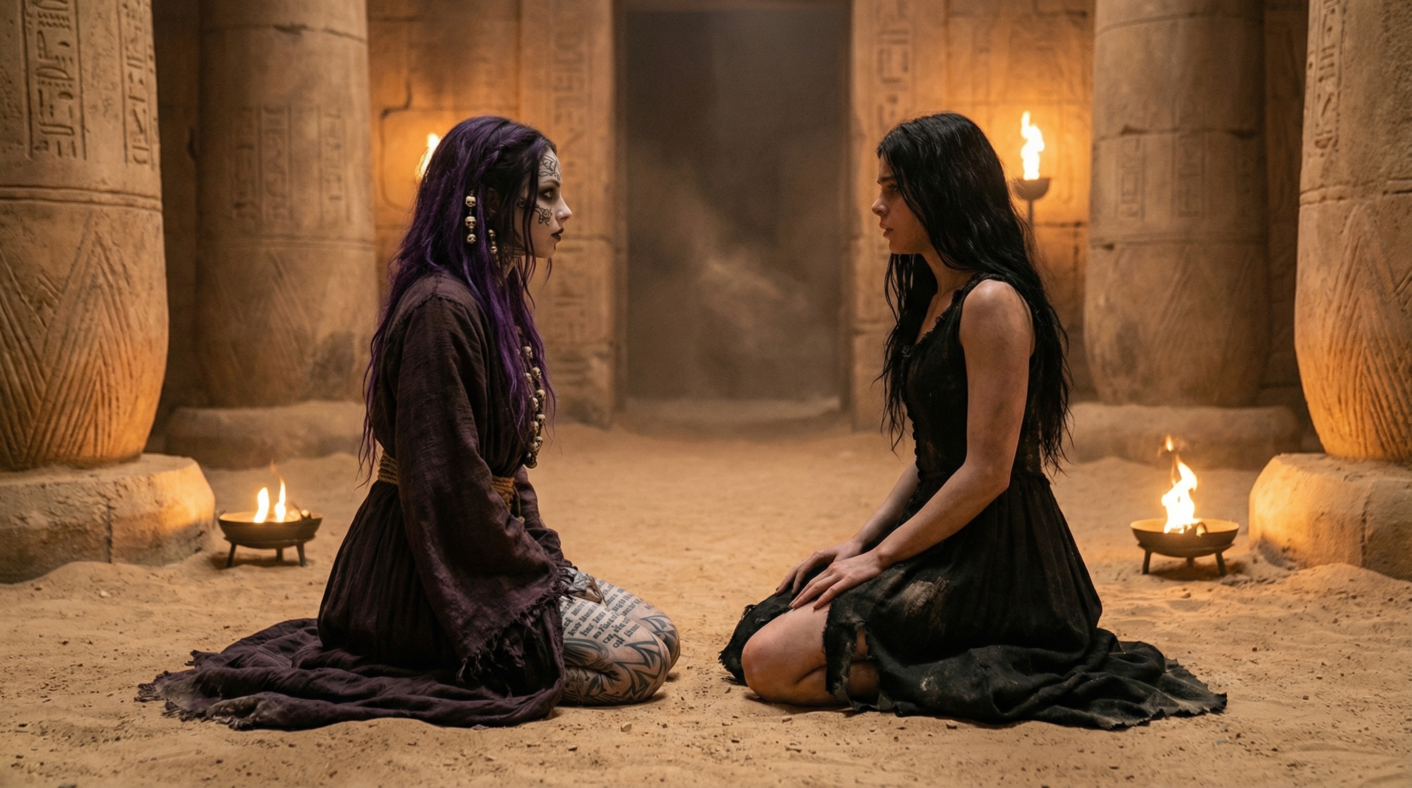 Vespera and Elvira kneeling face to face in the sanctum