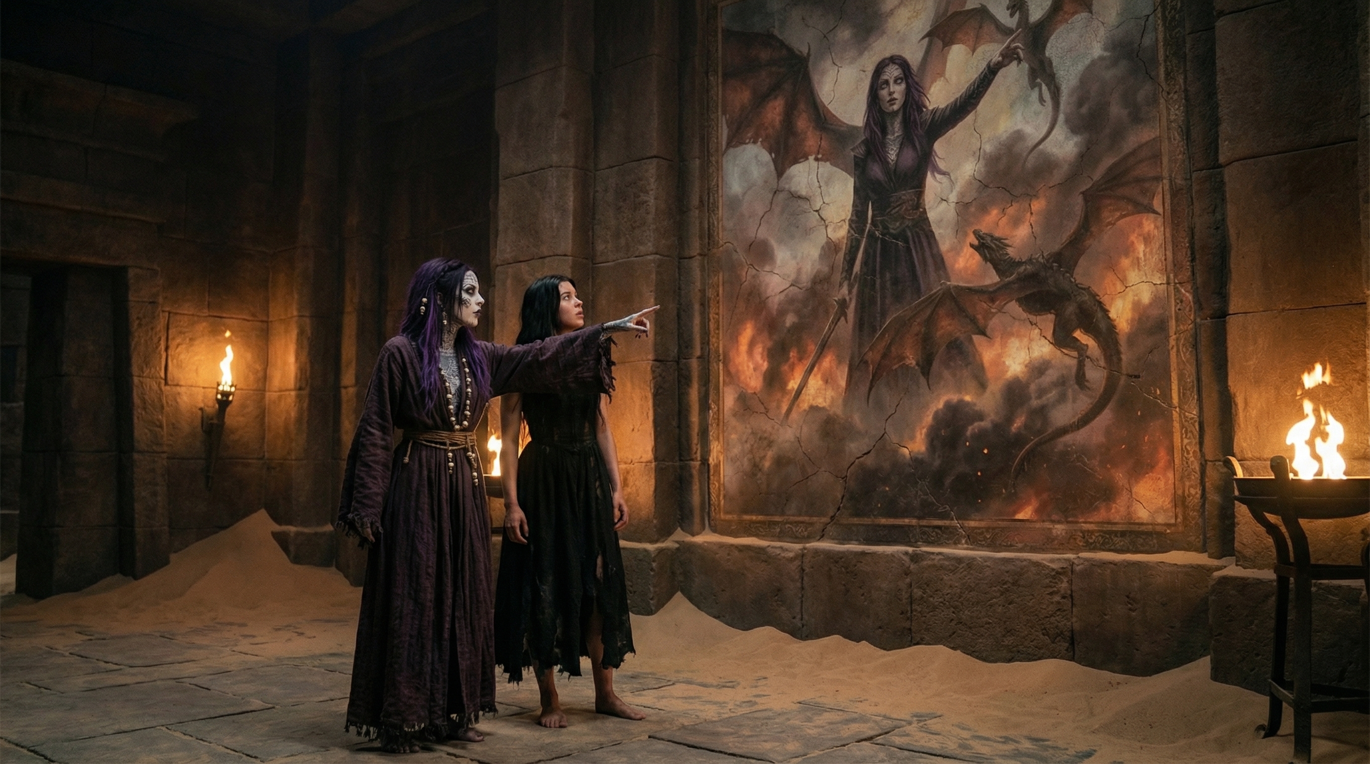 Vespera pointing to the fresco of the Dragon Queen