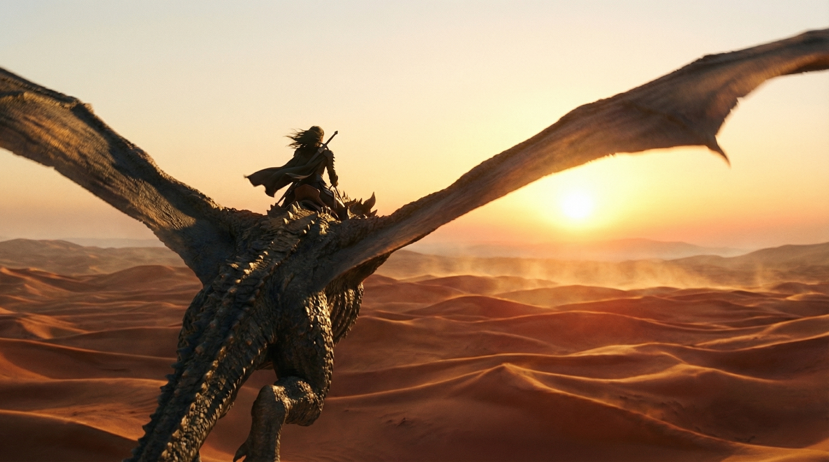 Elvira riding Baelgor into the desert sunset
