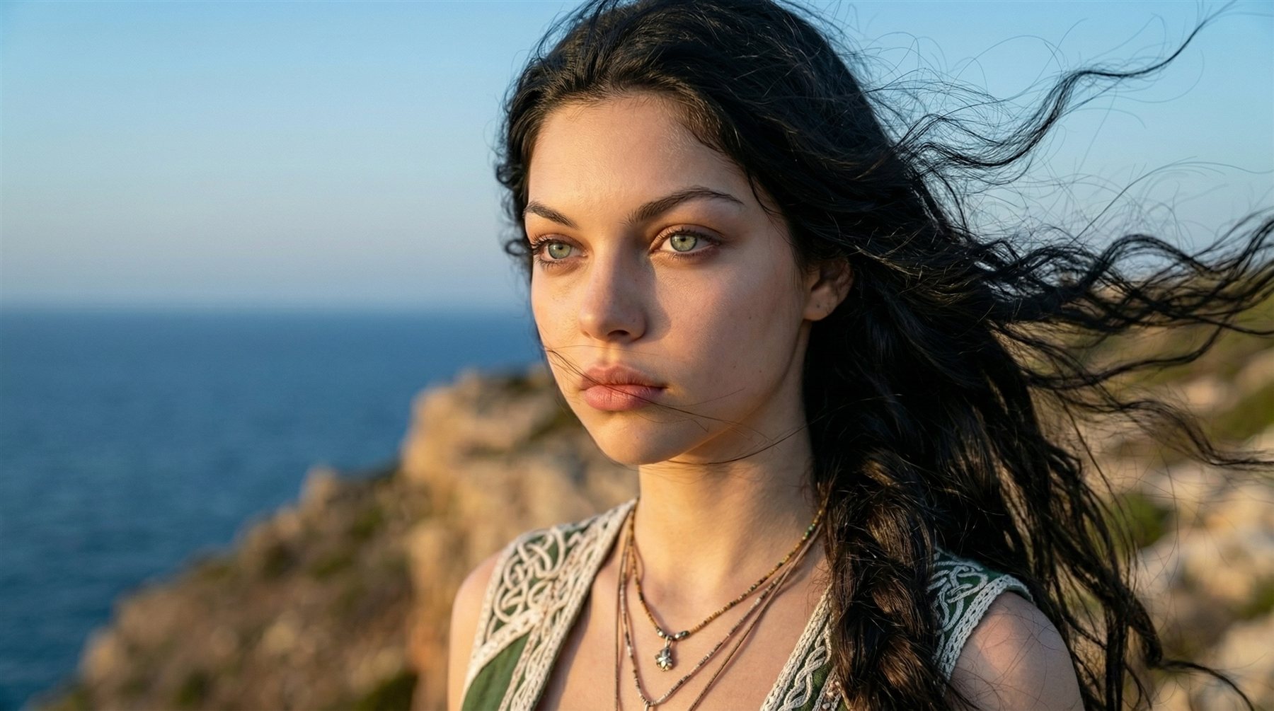 Elvira on the northern cliffs, her dark hair whipping in the wind above the sea