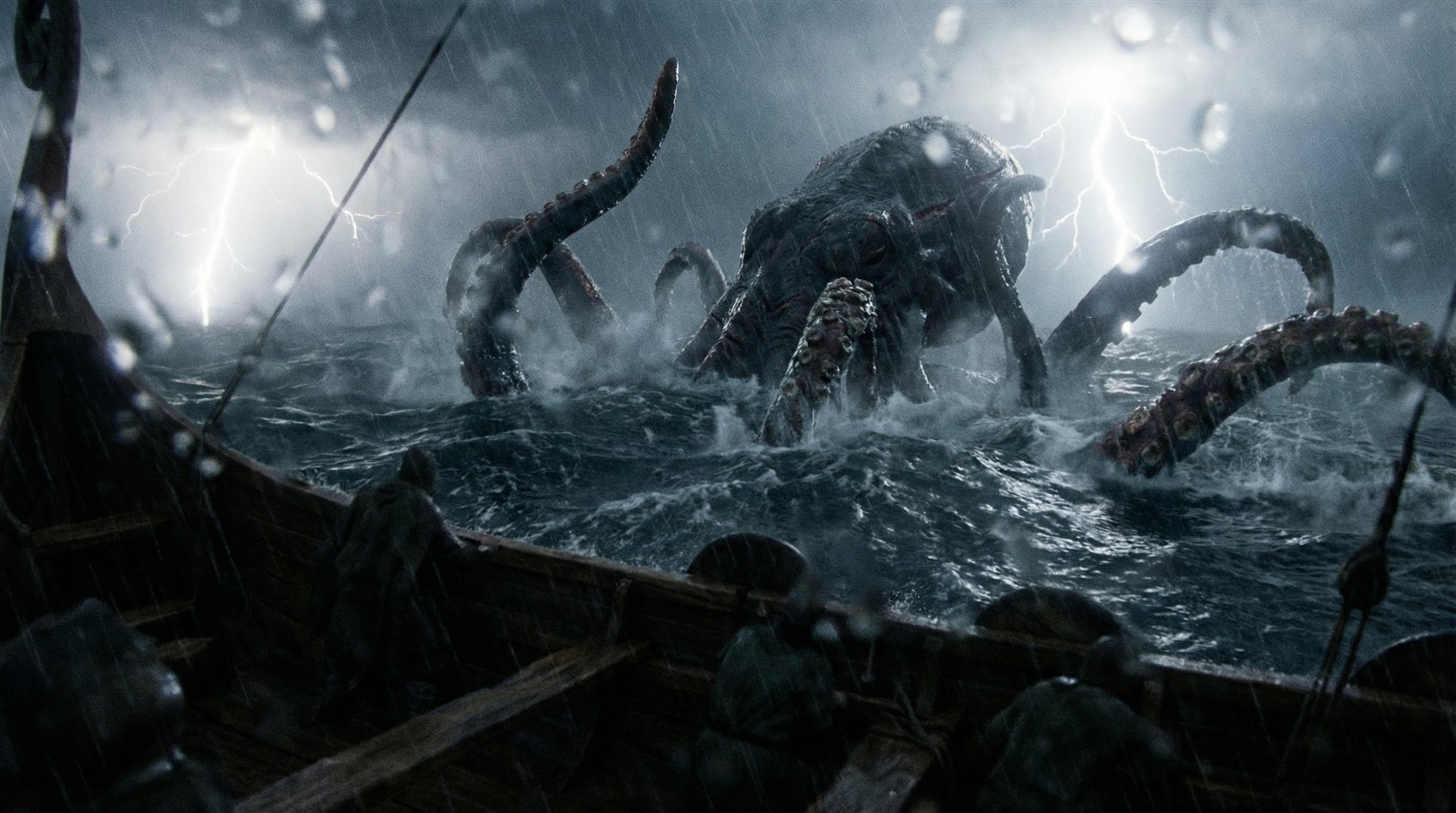 The Kraken rising from the storm-lashed sea beside the longship, lightning splitting the sky