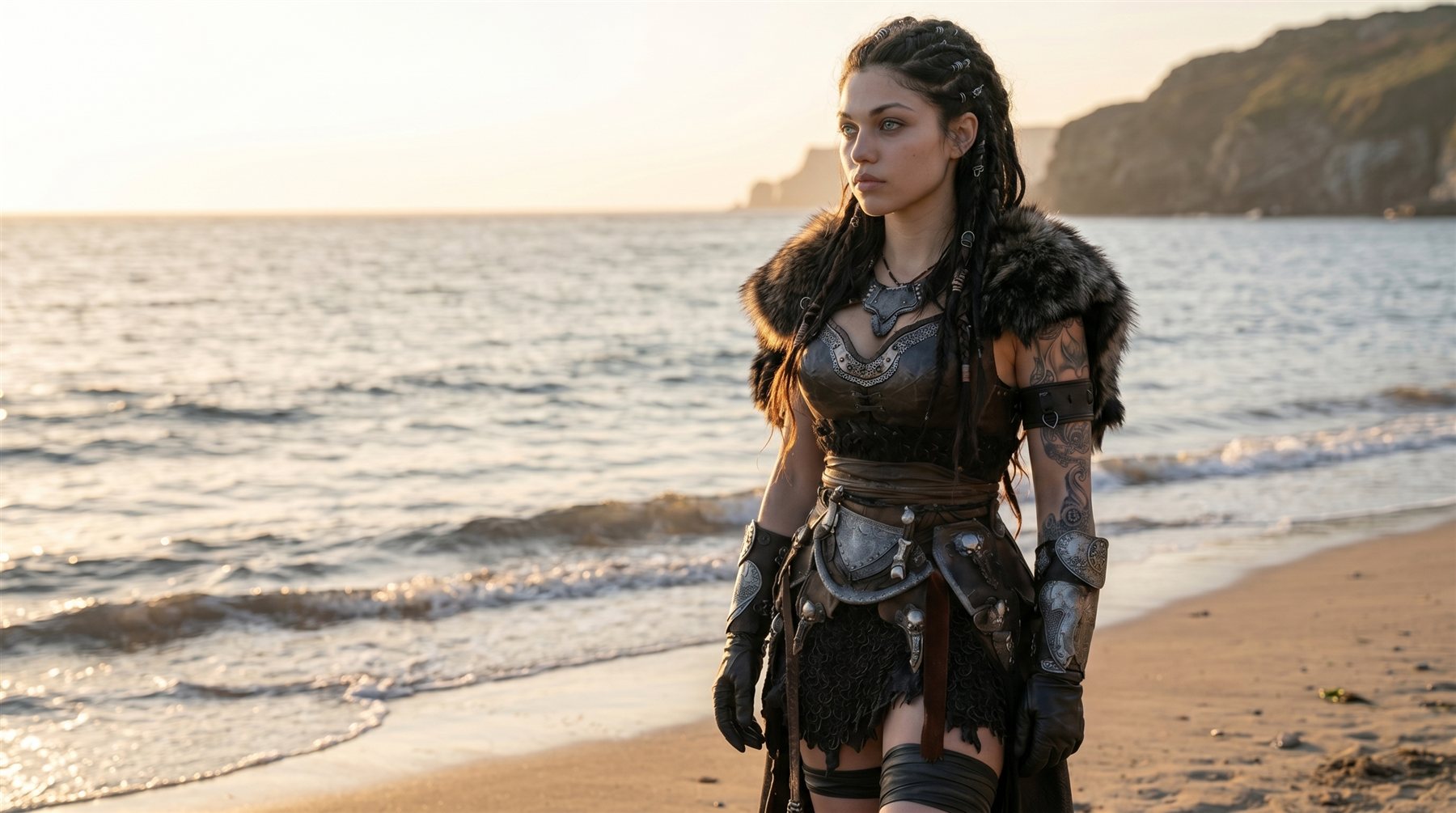 Elvira in her war gear walking along the shore at sunset after waking on the beach