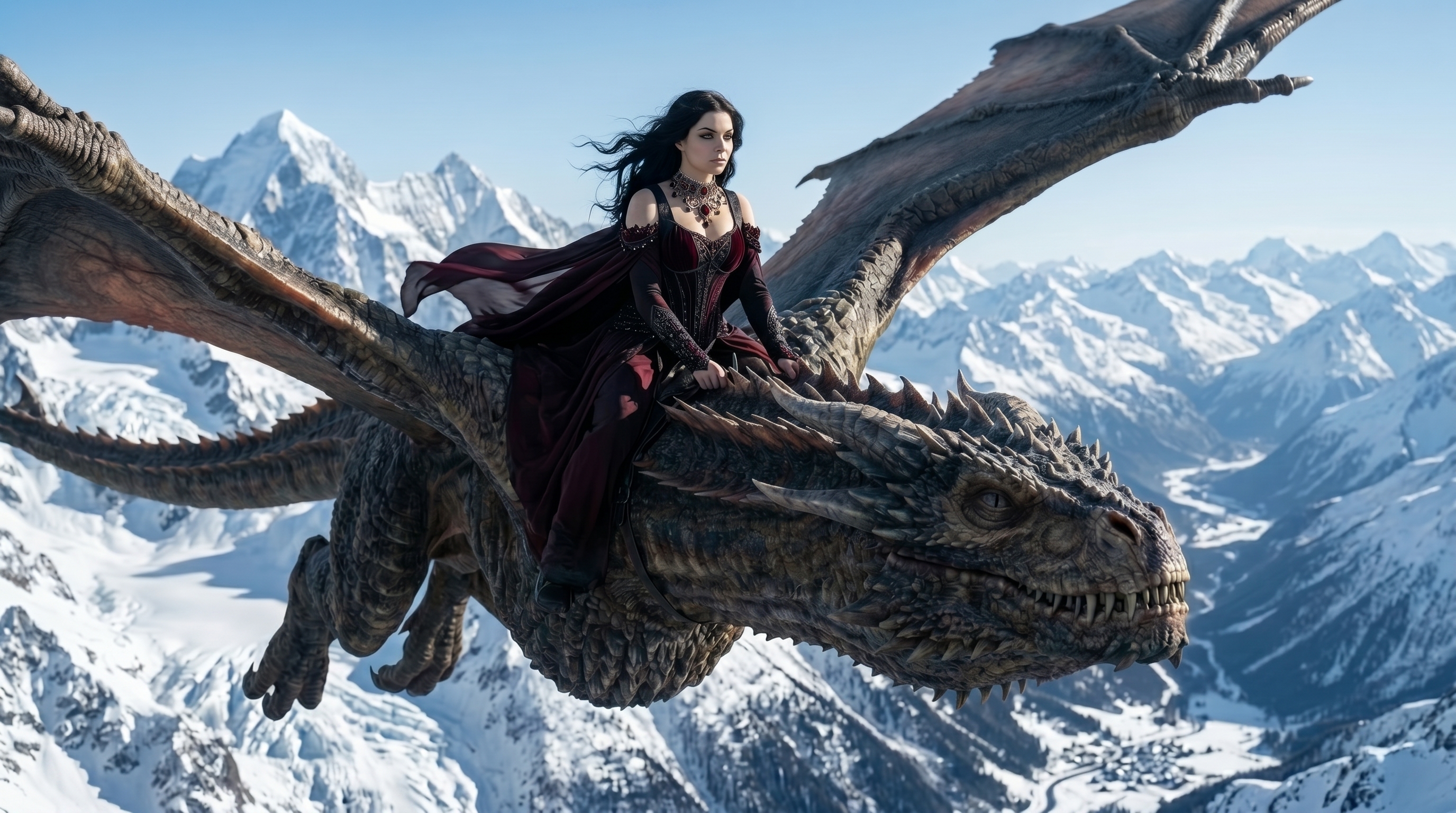 Elvira flying on Vyrathax over the snowbound peaks