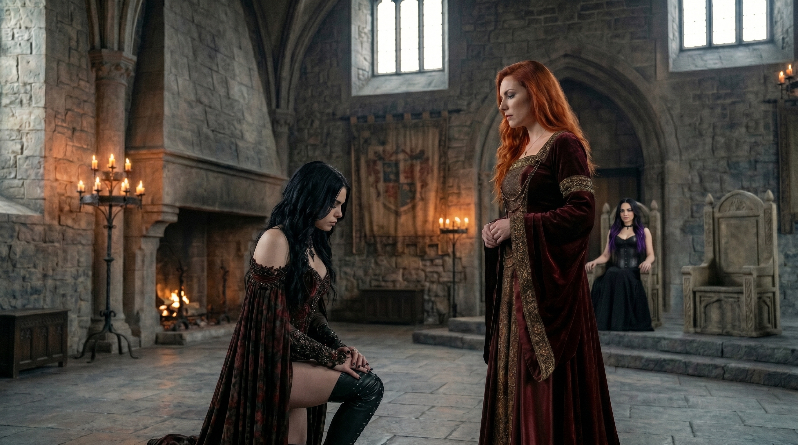 Elvira kneeling before Raven