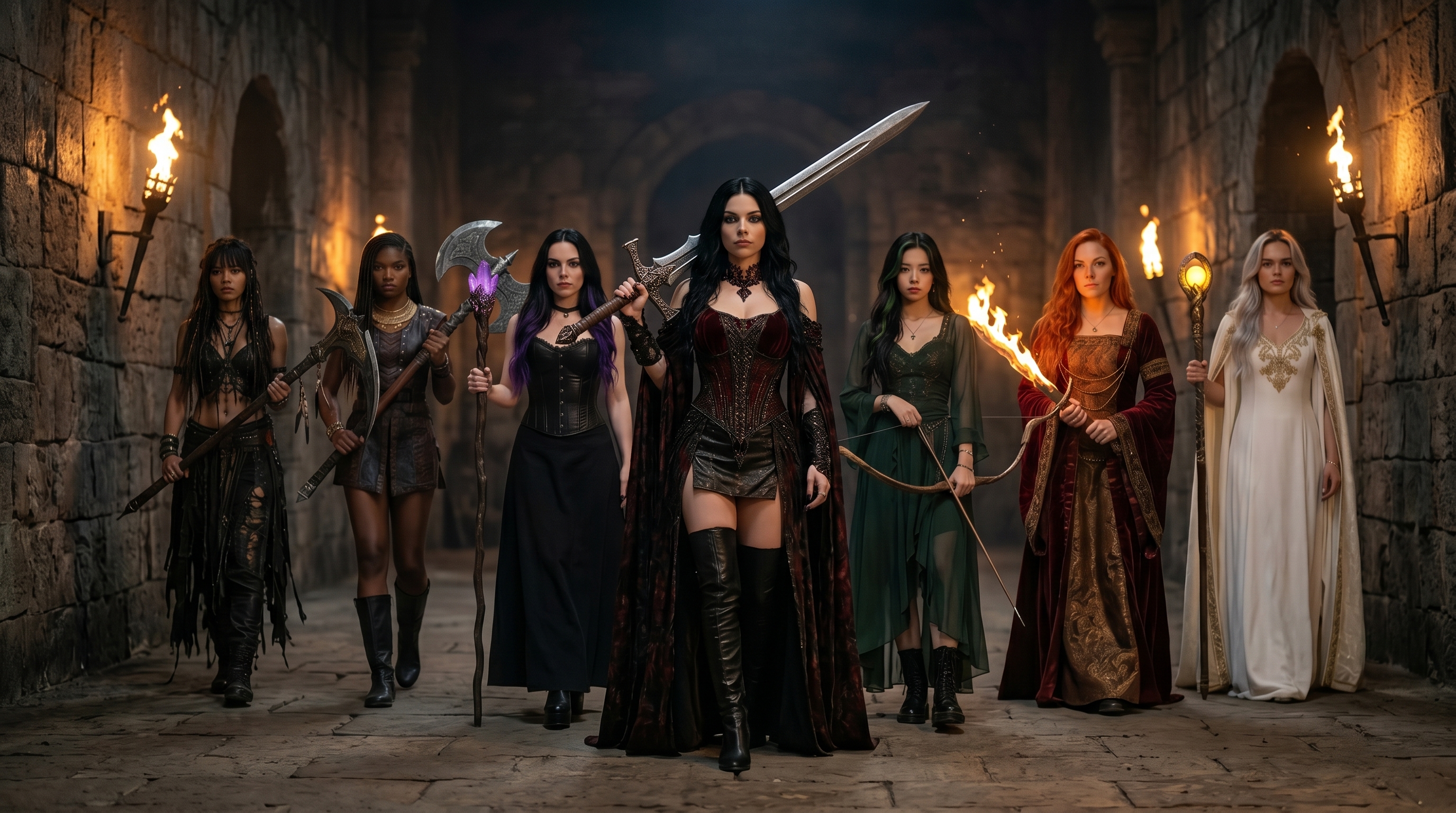 Elvira and the six Phoenix Valkyries, armed and ready