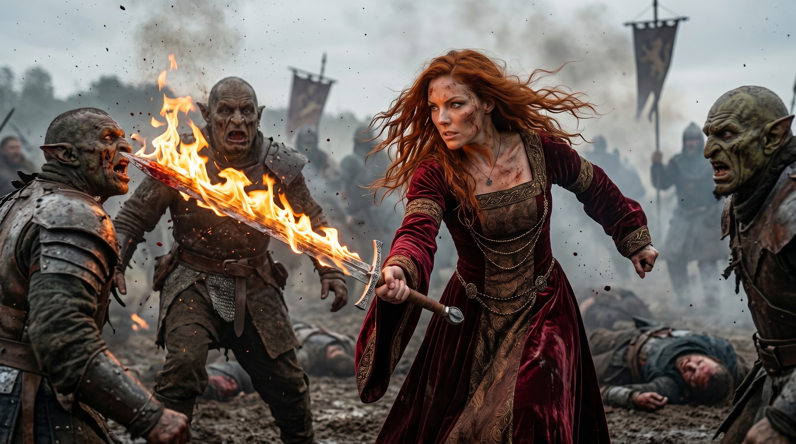 Raven cutting through the horde with her flaming sword