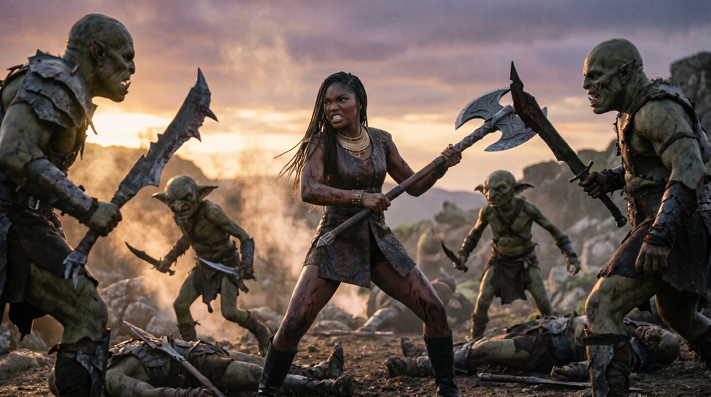 Nova cutting down orcs with her battleaxe