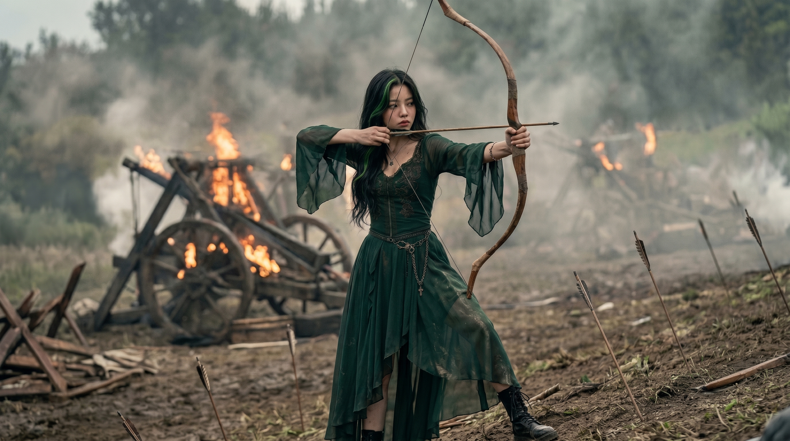 Yuna loosing the arrow that strikes the crown from Thrakos's hand