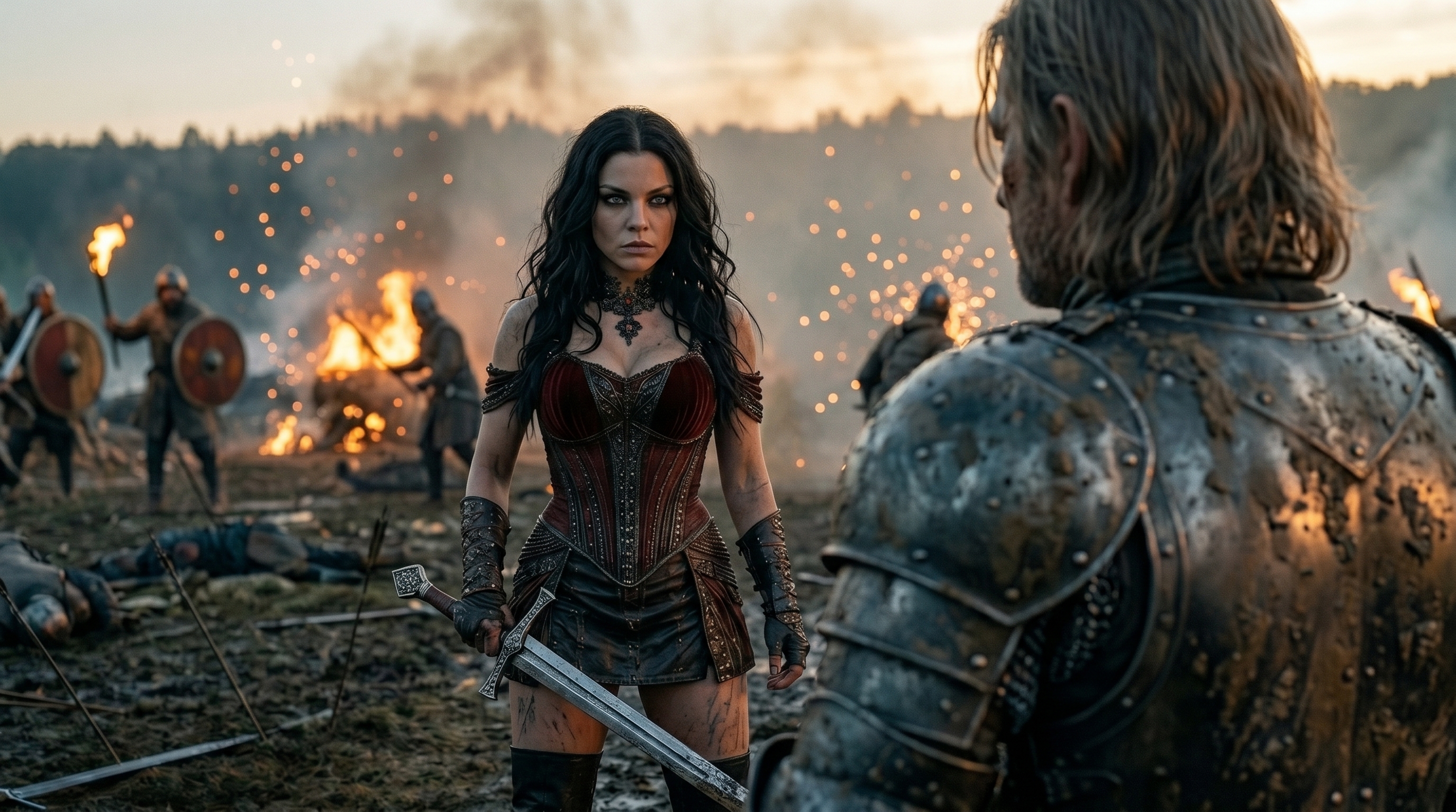 Elvira facing Thrakos in the courtyard