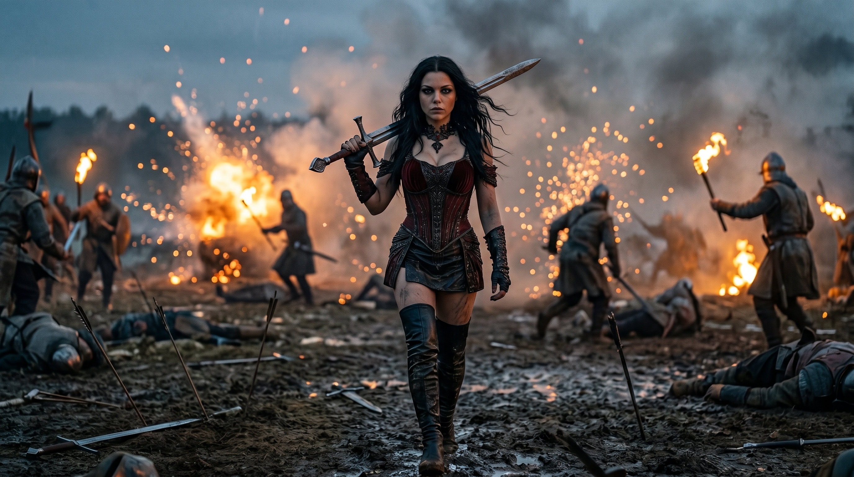 Elvira walking alone across the battlefield