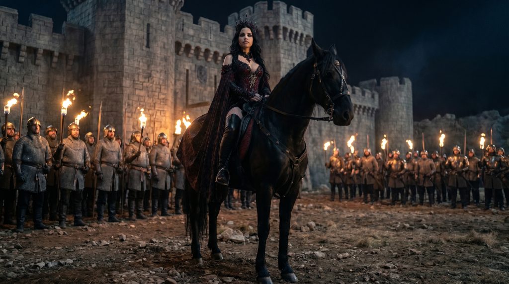 Elvira and the Gloom-Knights charging into battle