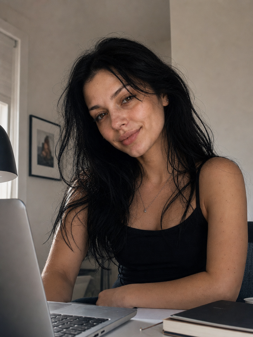 Sofia Ekström at her desk, writing lyrics with a laptop open