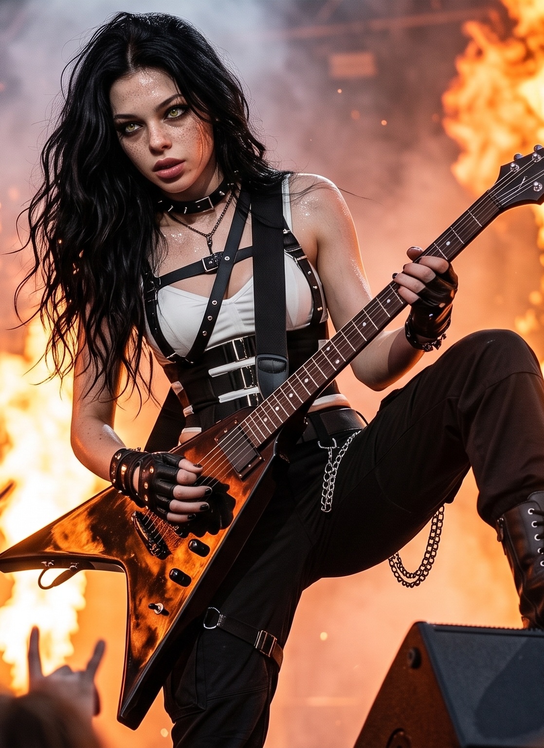 Sofia Ekström playing guitar on stage with flames behind her