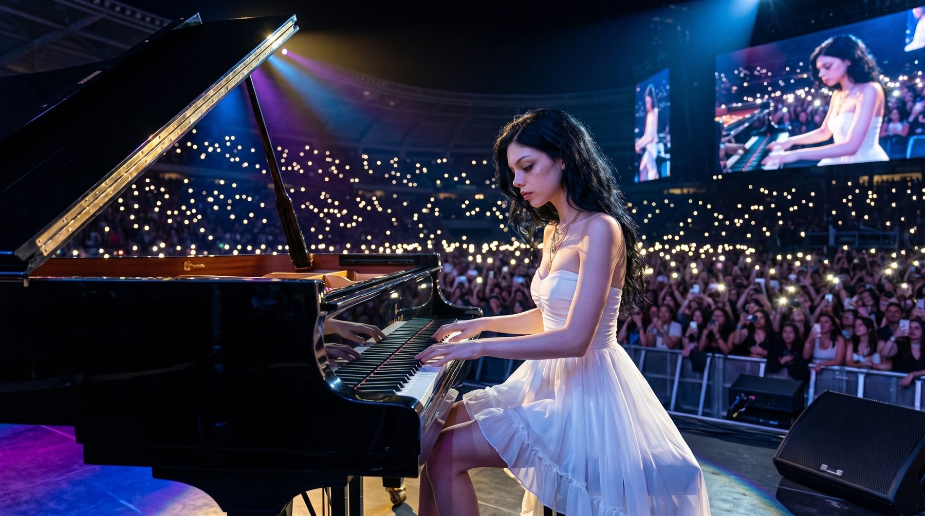Sofia playing a grand piano in front of a stadium crowd holding lights