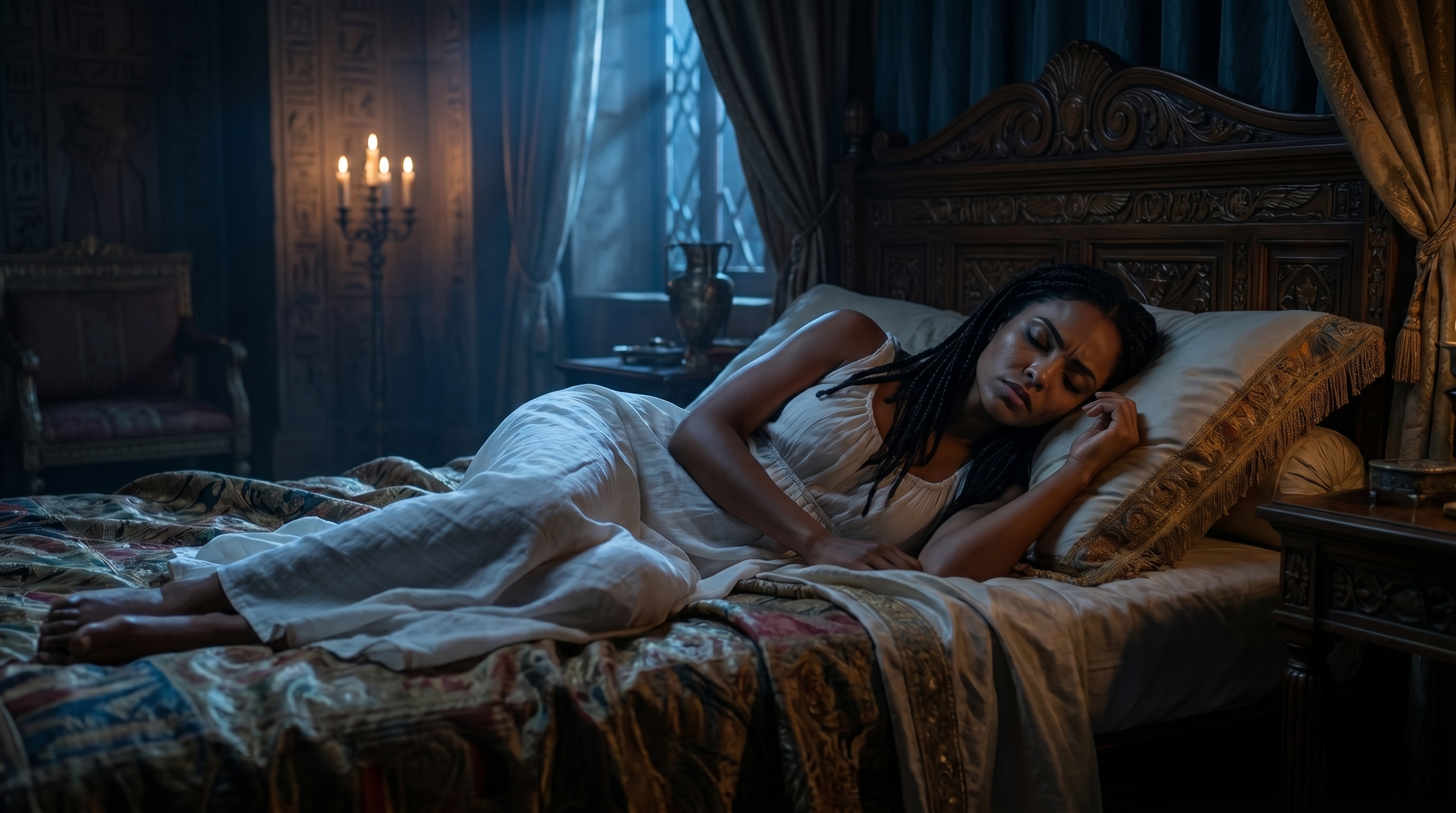 Neferkara sleeping restlessly in her royal bedchamber