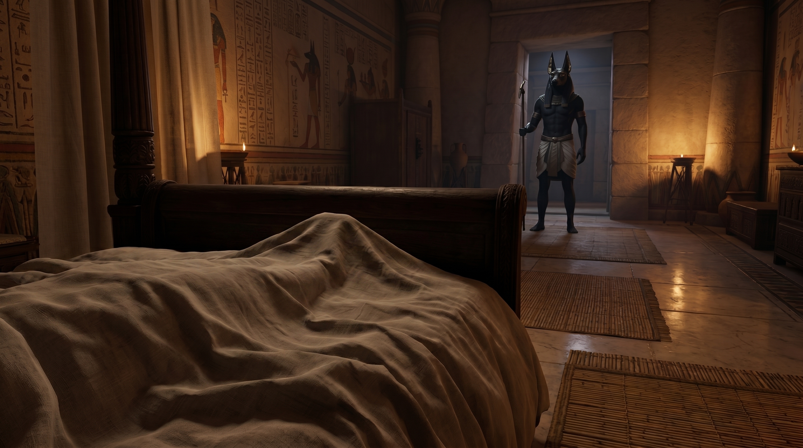 Anubis standing silently at the foot of her bed