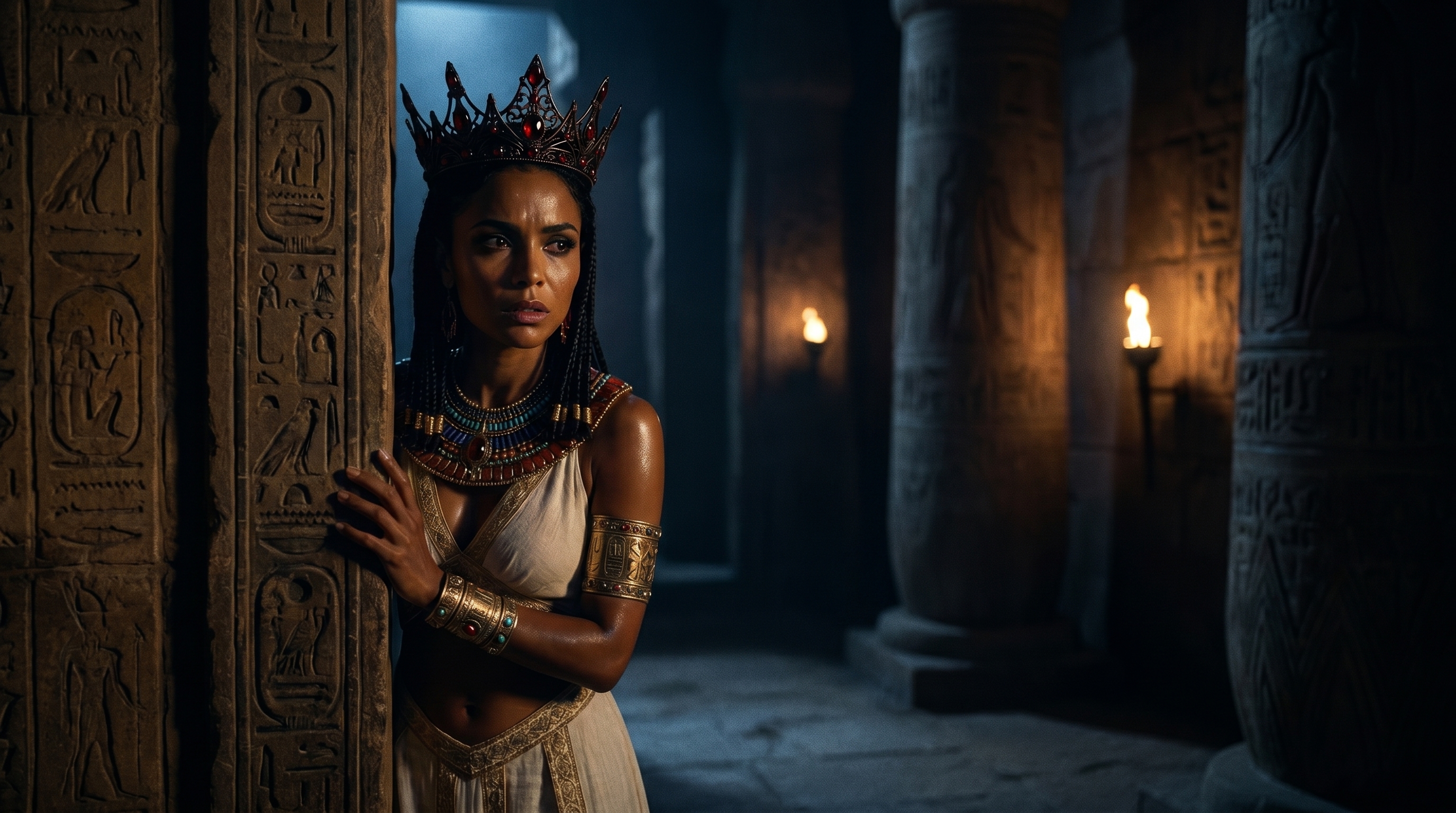 Neferkara catching sight of Anubis's shadow between the pillars
