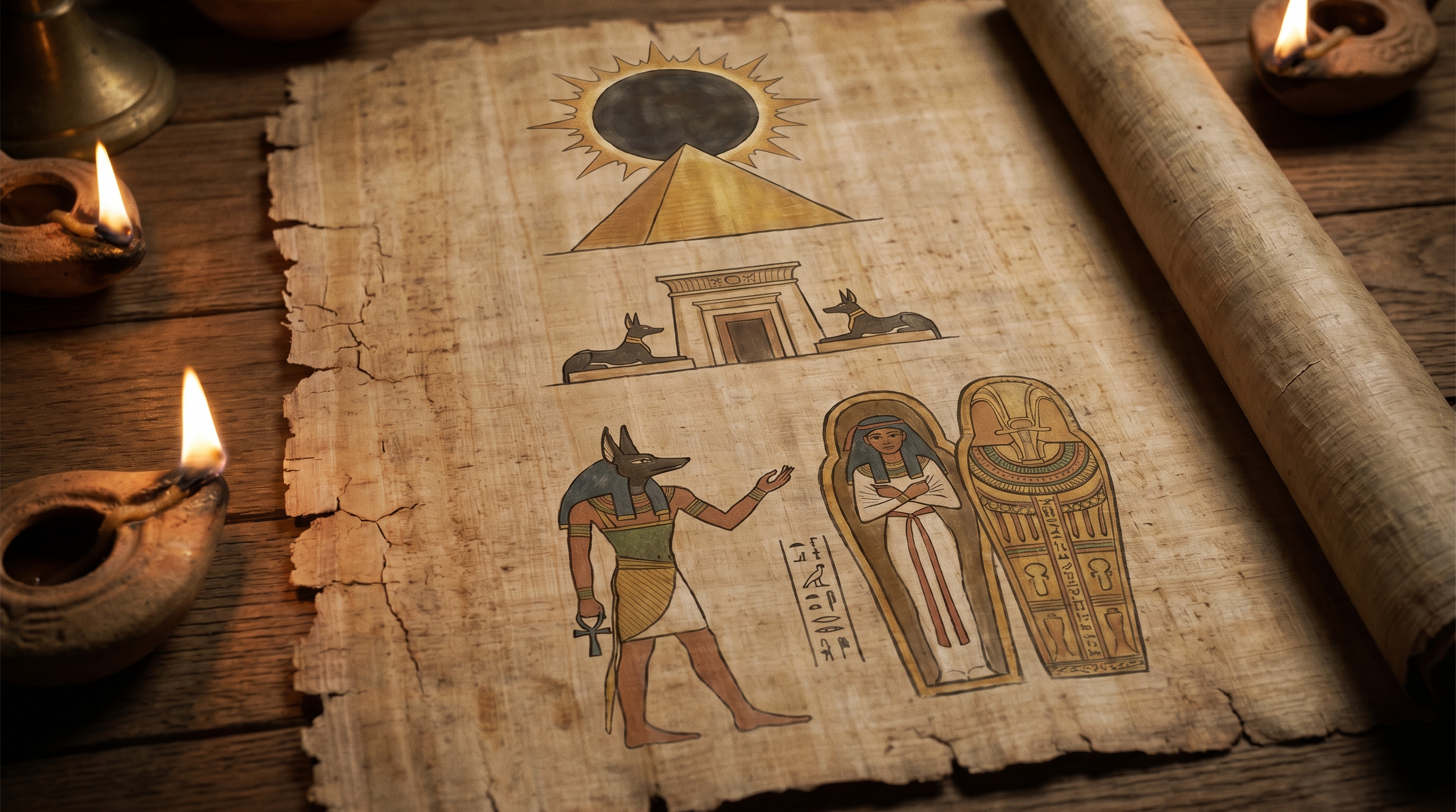 The ancient prophecy scroll depicting the eclipse, the temple, and the entombed queen