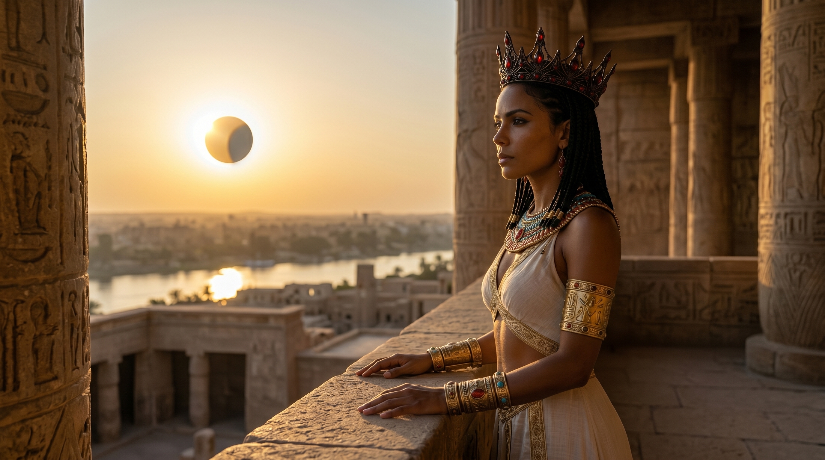Neferkara on her balcony as the eclipse begins