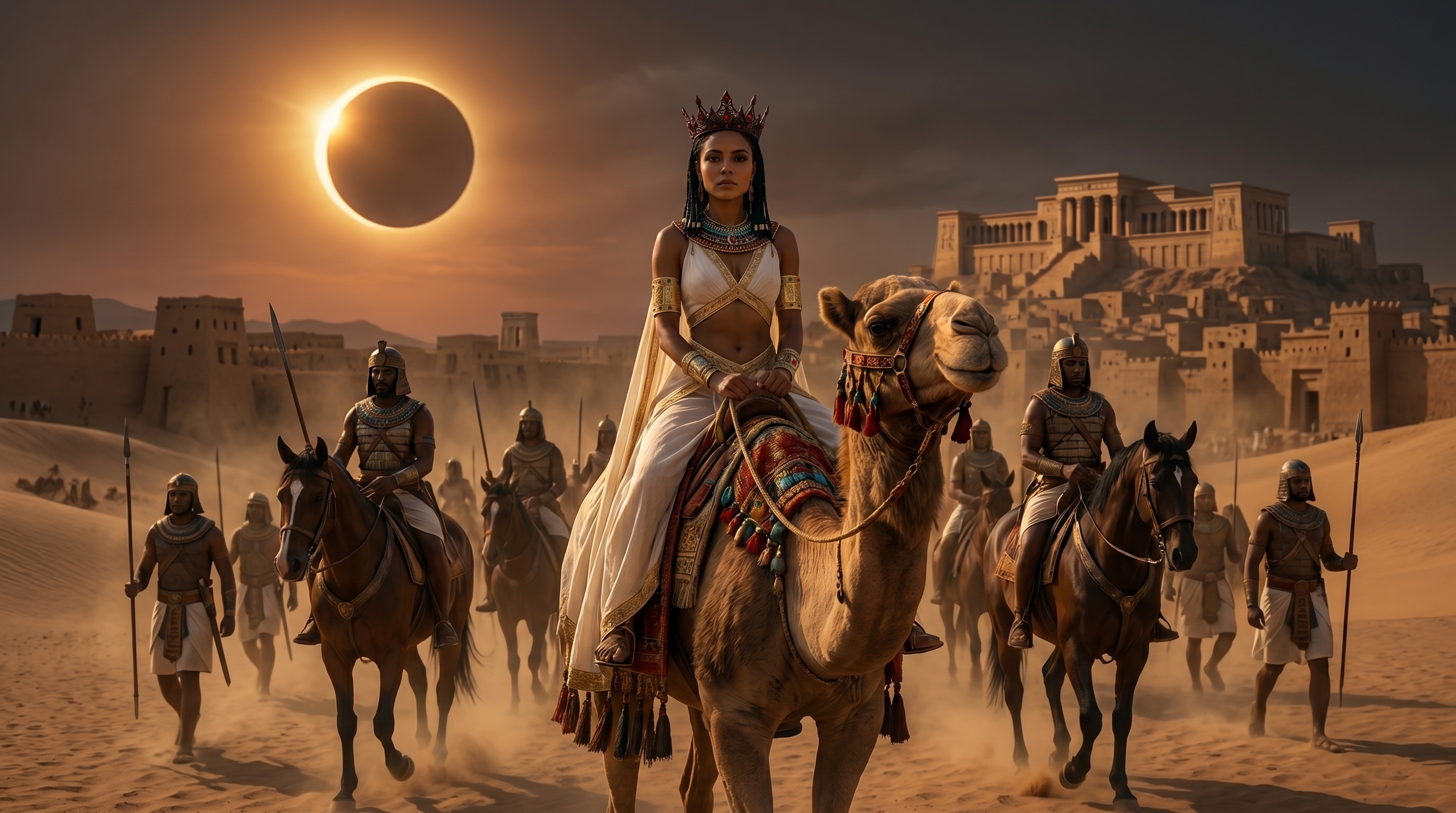Neferkara leading her guard into the desert beneath the eclipse
