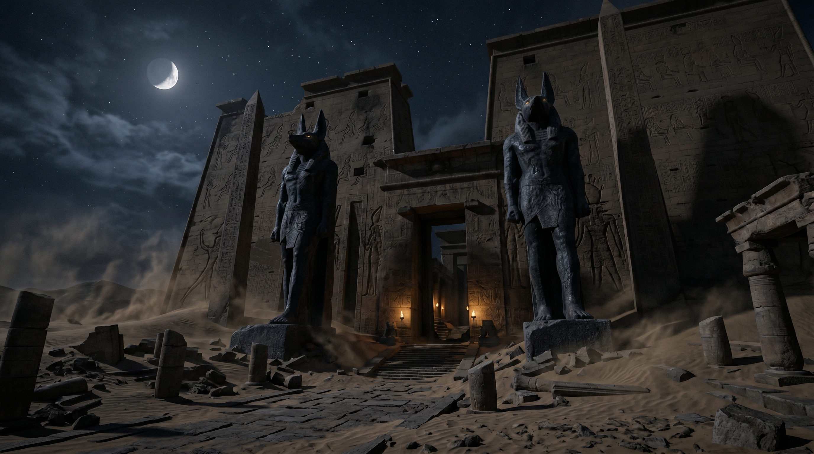 The sunken temple entrance guarded by towering jackal statues
