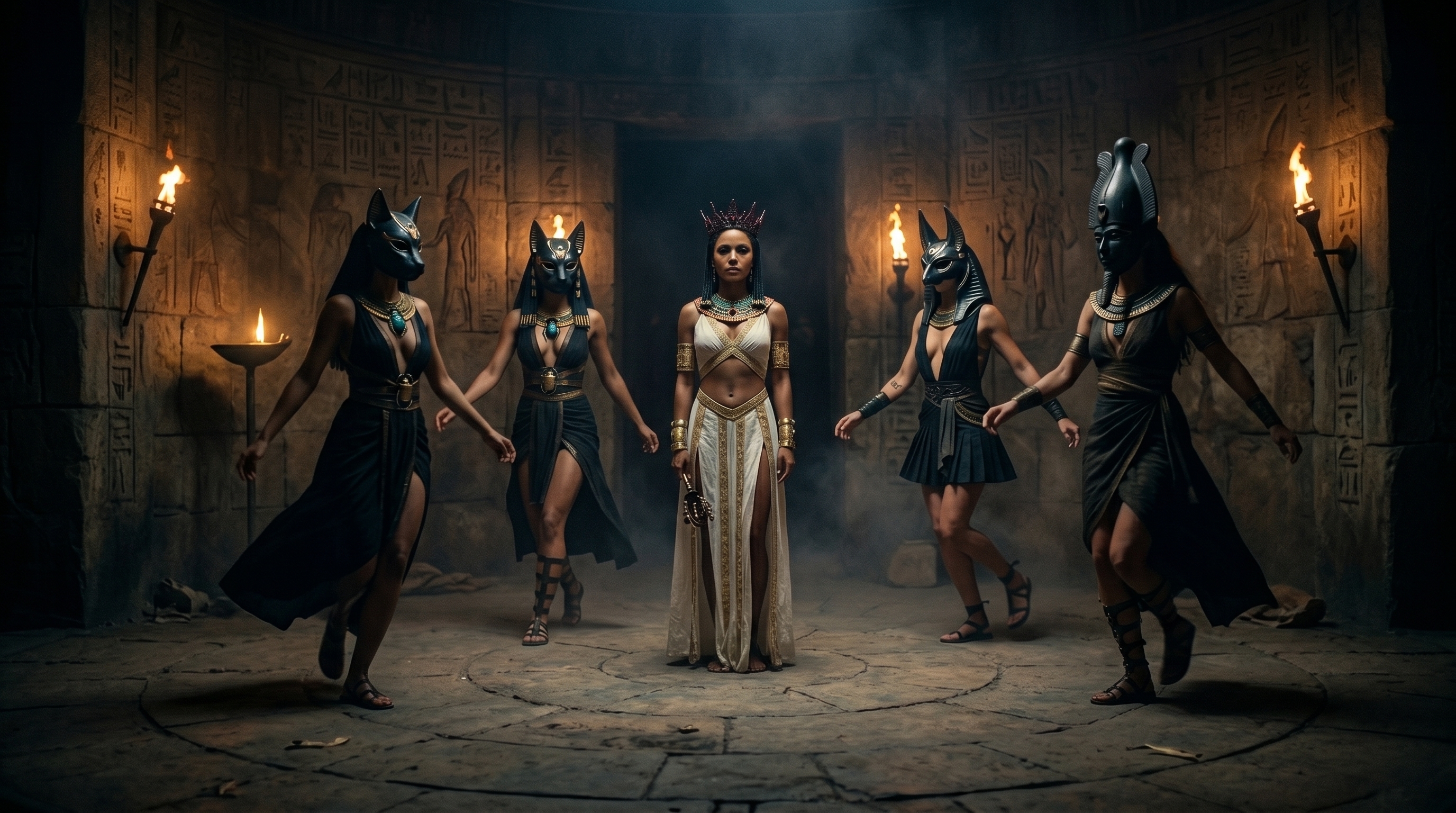 The ritual circle igniting around Neferkara as the glyphs flare to life