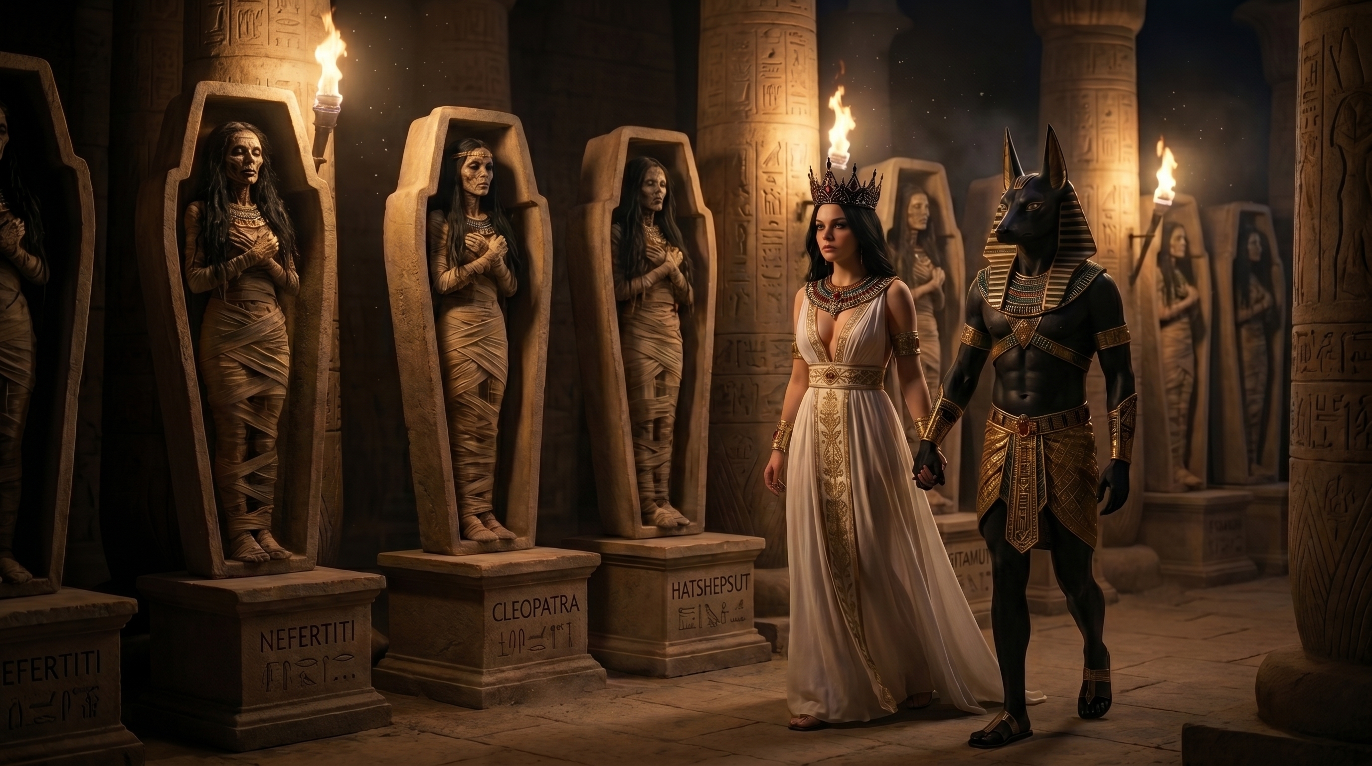 Neferkara walking hand in hand with Anubis past the tombs of queens before her