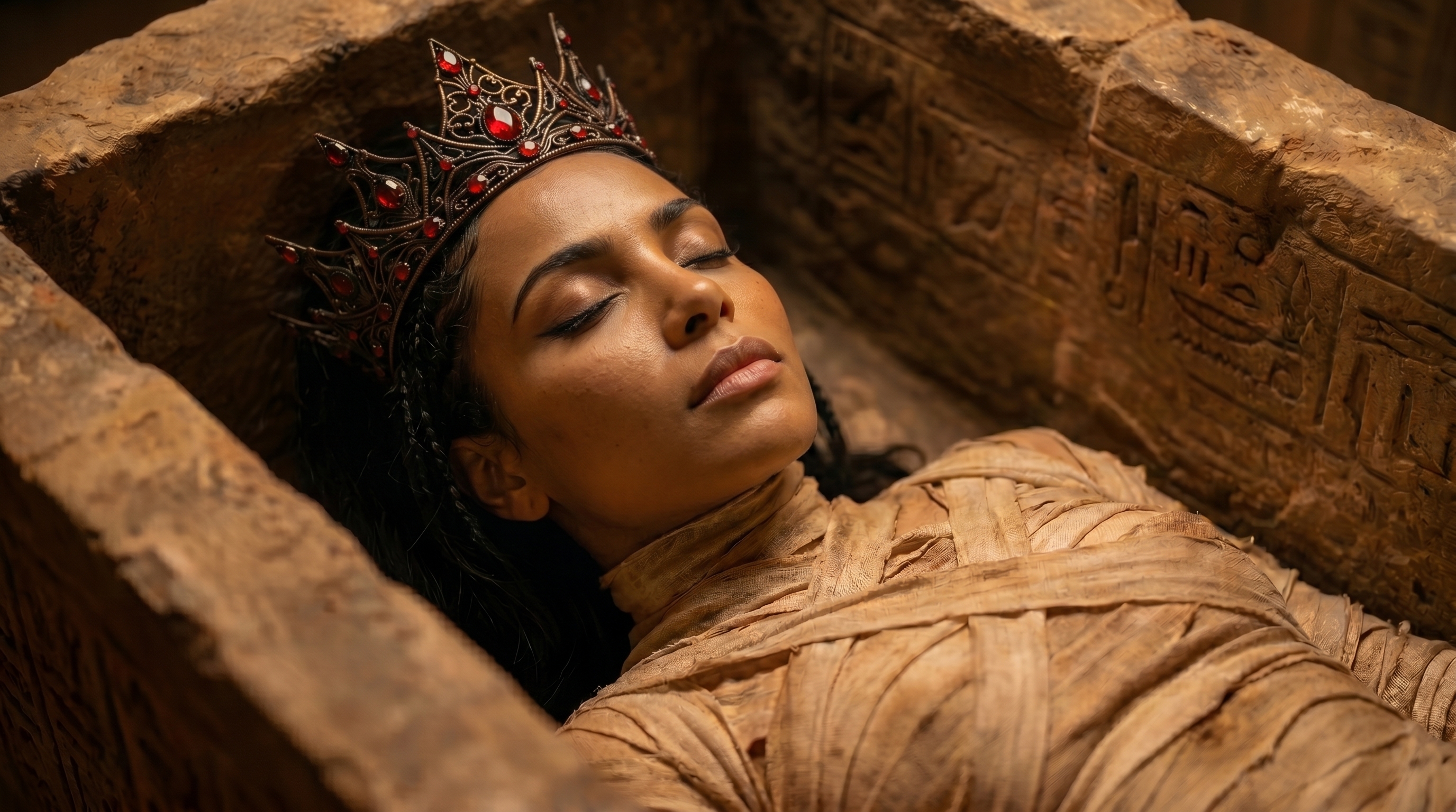 Neferkara at rest within the sarcophagus, crowned forever