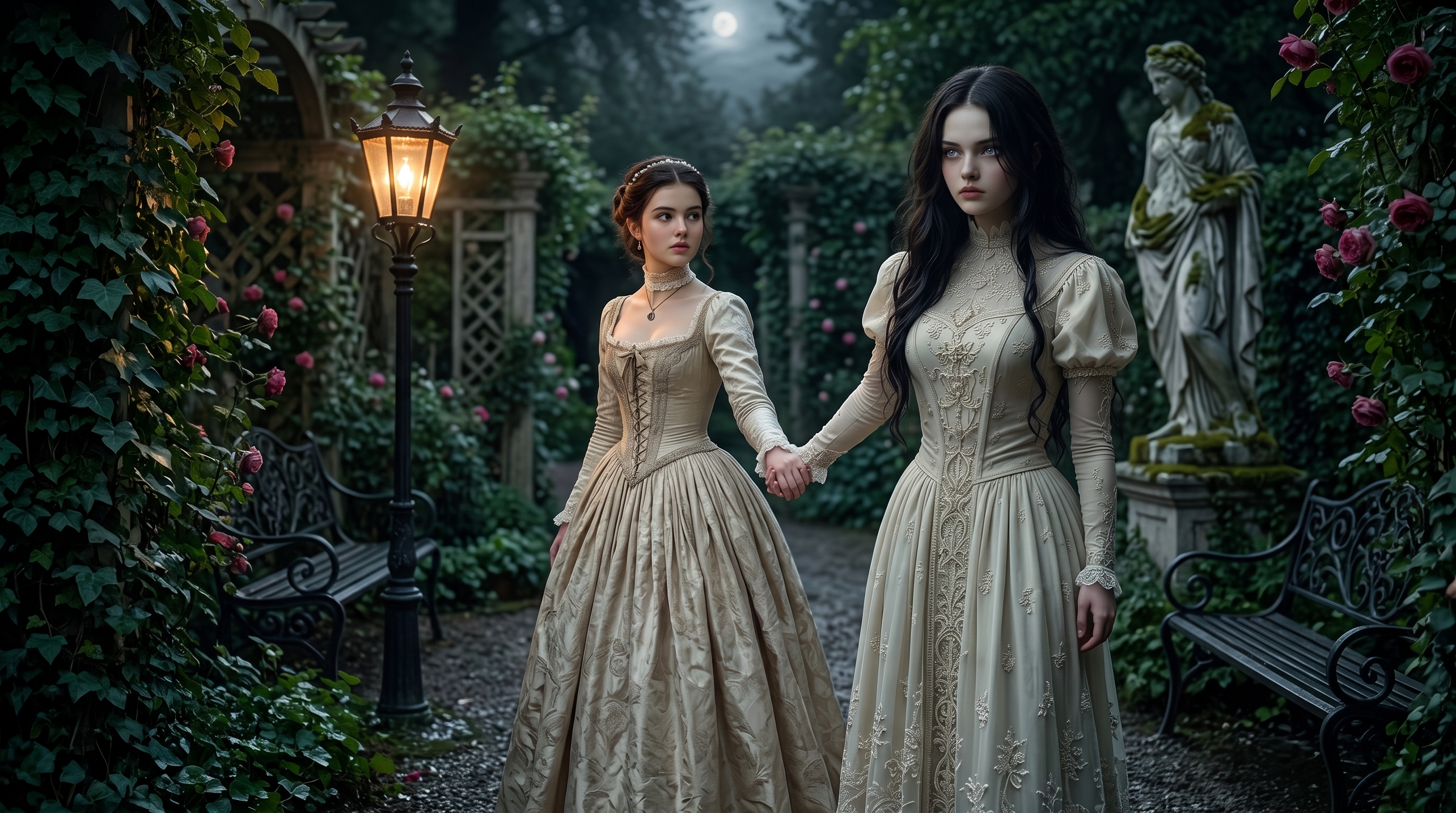 Victoria holding fast to Eleanor's hand as they descend into the dark