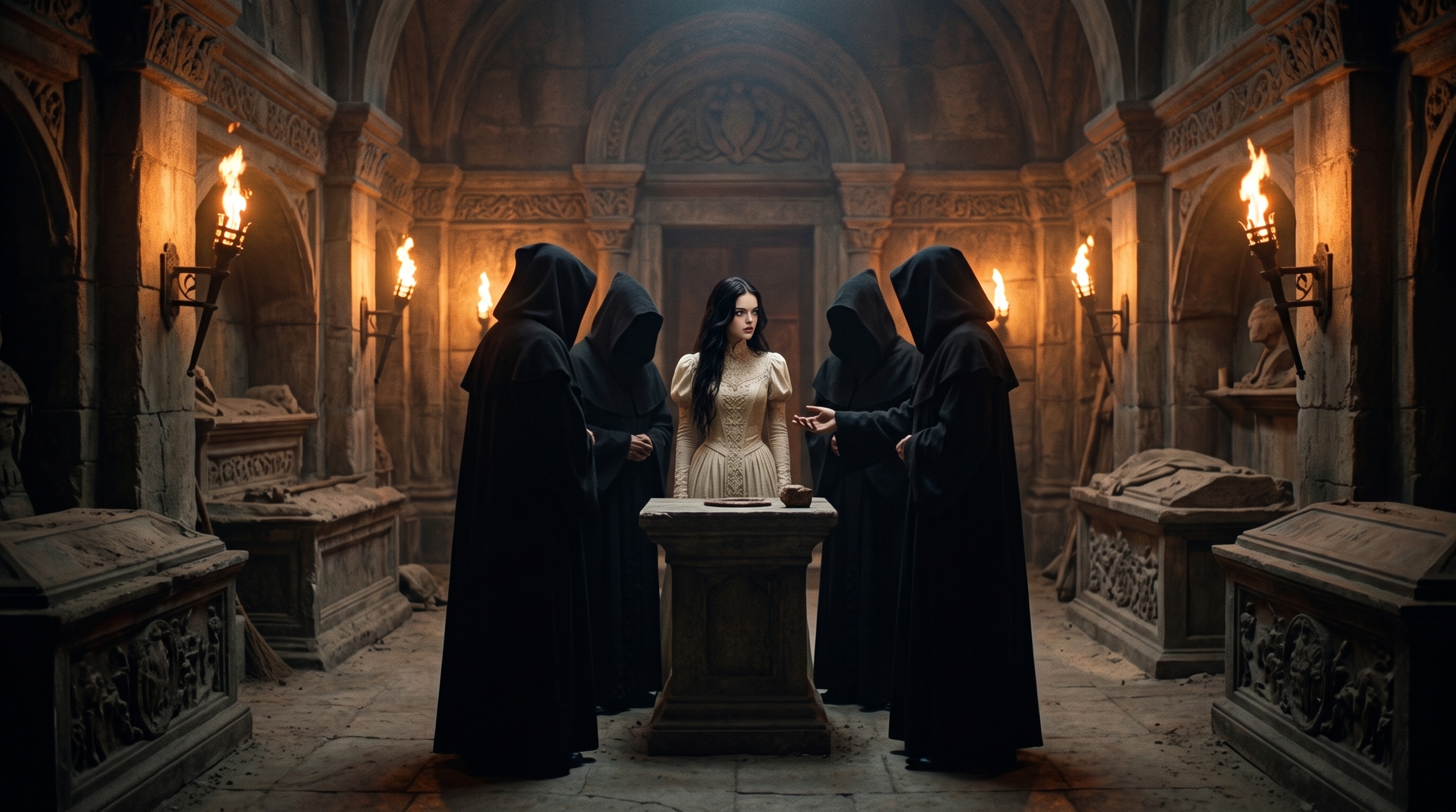 Eleanor standing before Malakor and his coven in the catacombs