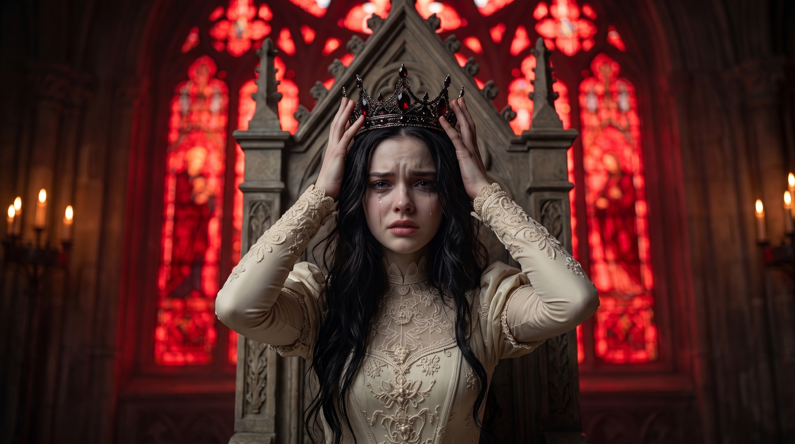 Eleanor crowned at last, weeping beneath the red cathedral glass