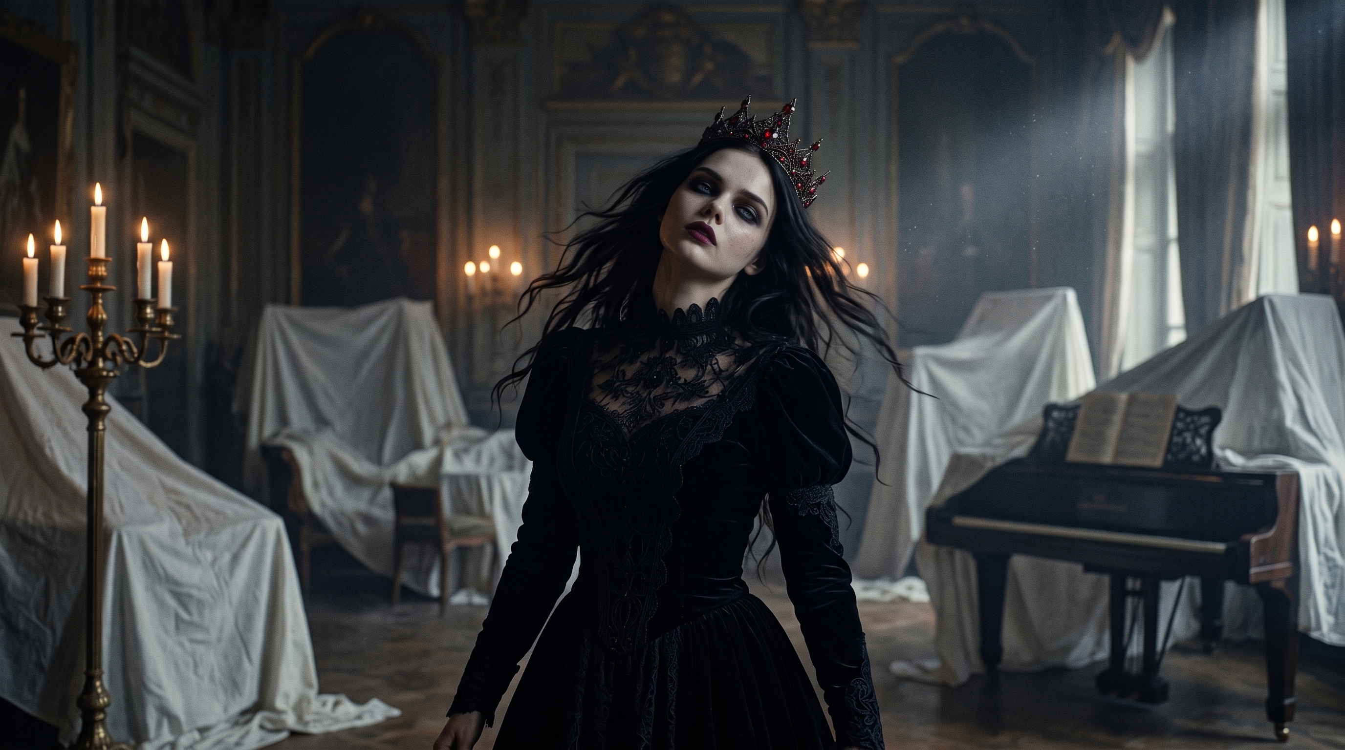Eleanor dancing alone in the dead, frost-covered ballroom