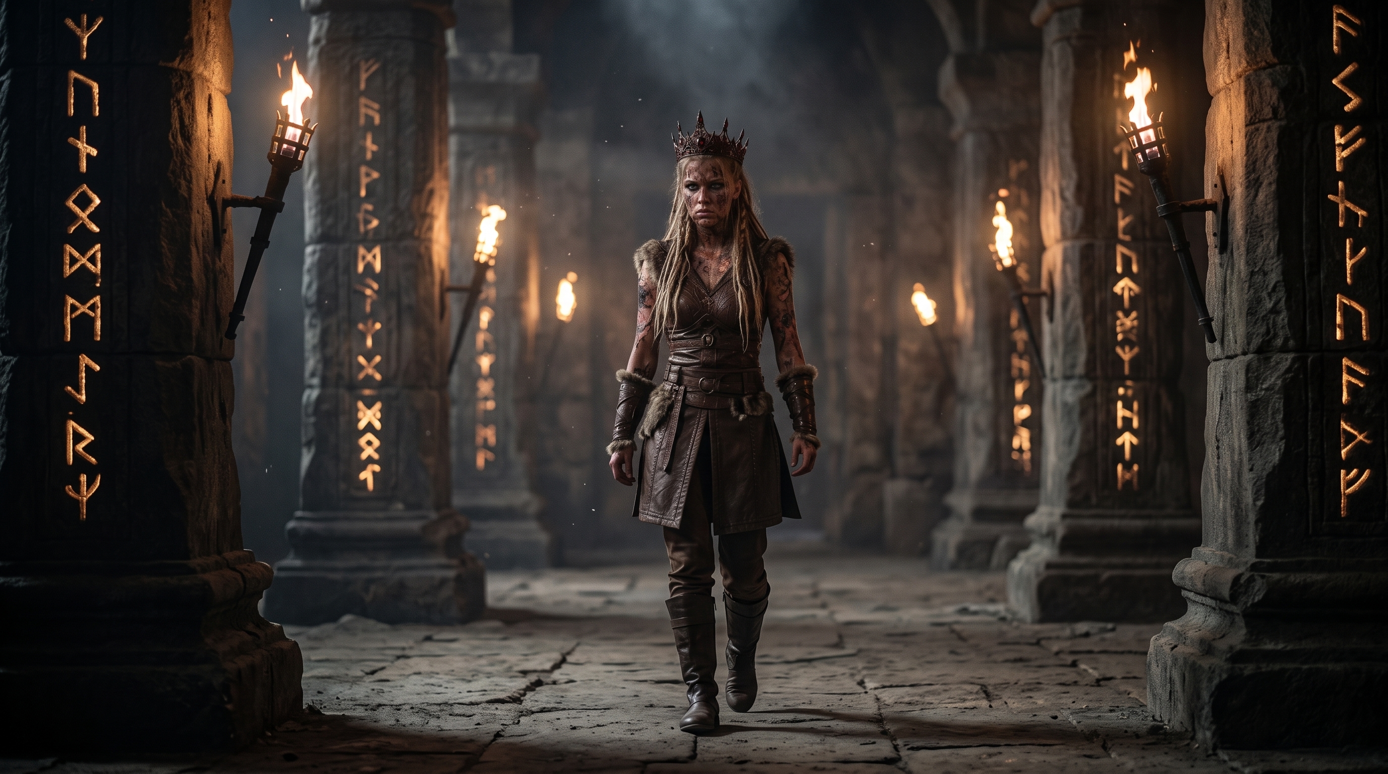 Eira walking alone through the rune-carved halls of the Spire