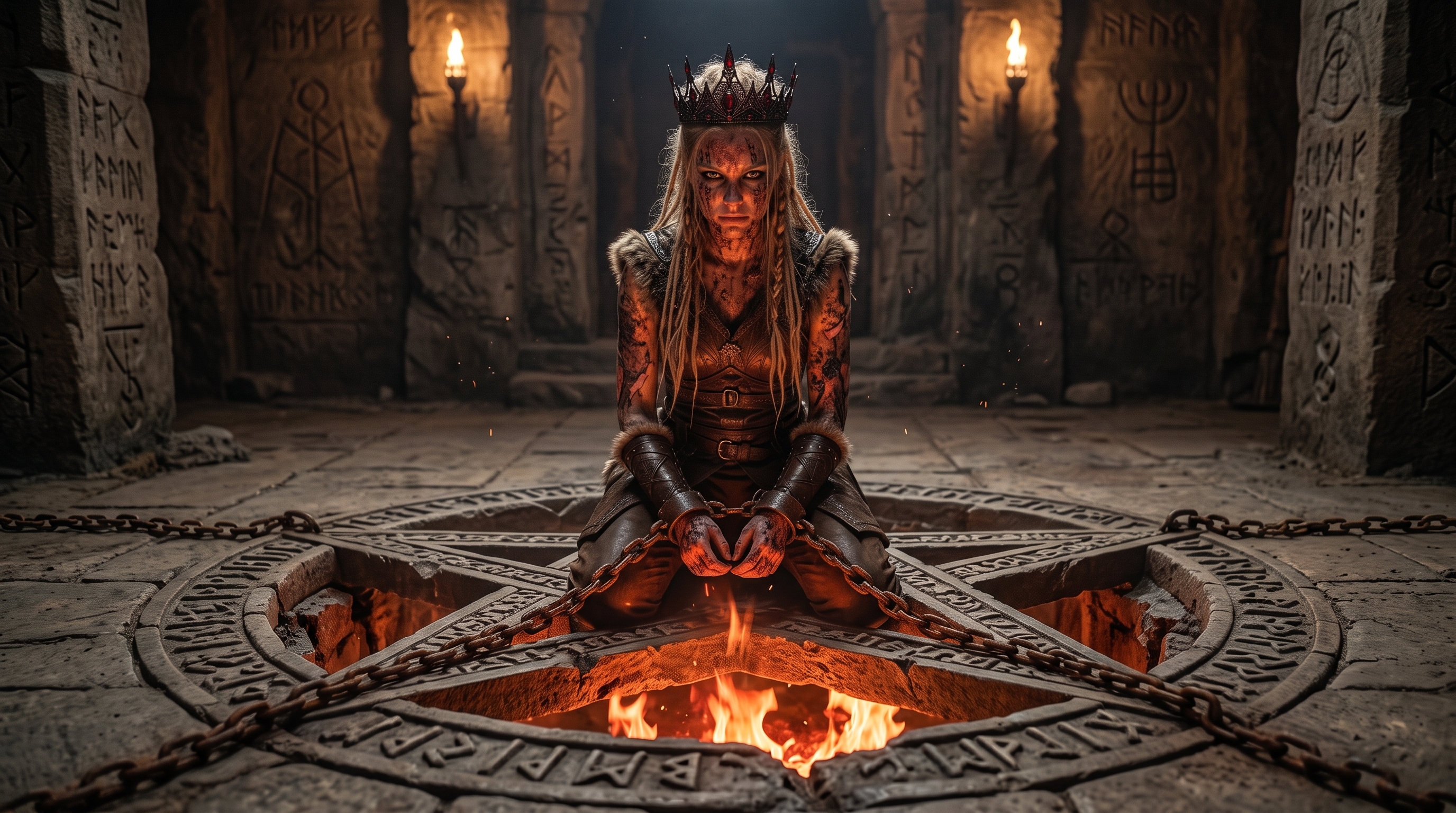 Eira chained before the sanctum's ritual fire