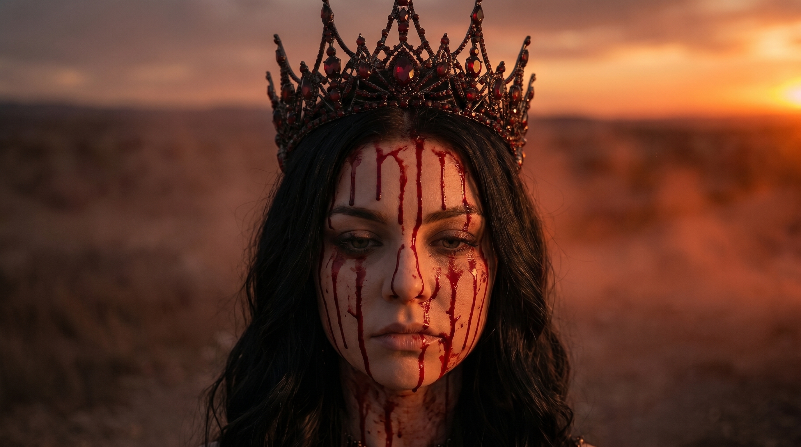 Blood streaming down Sofia's face from beneath the crown