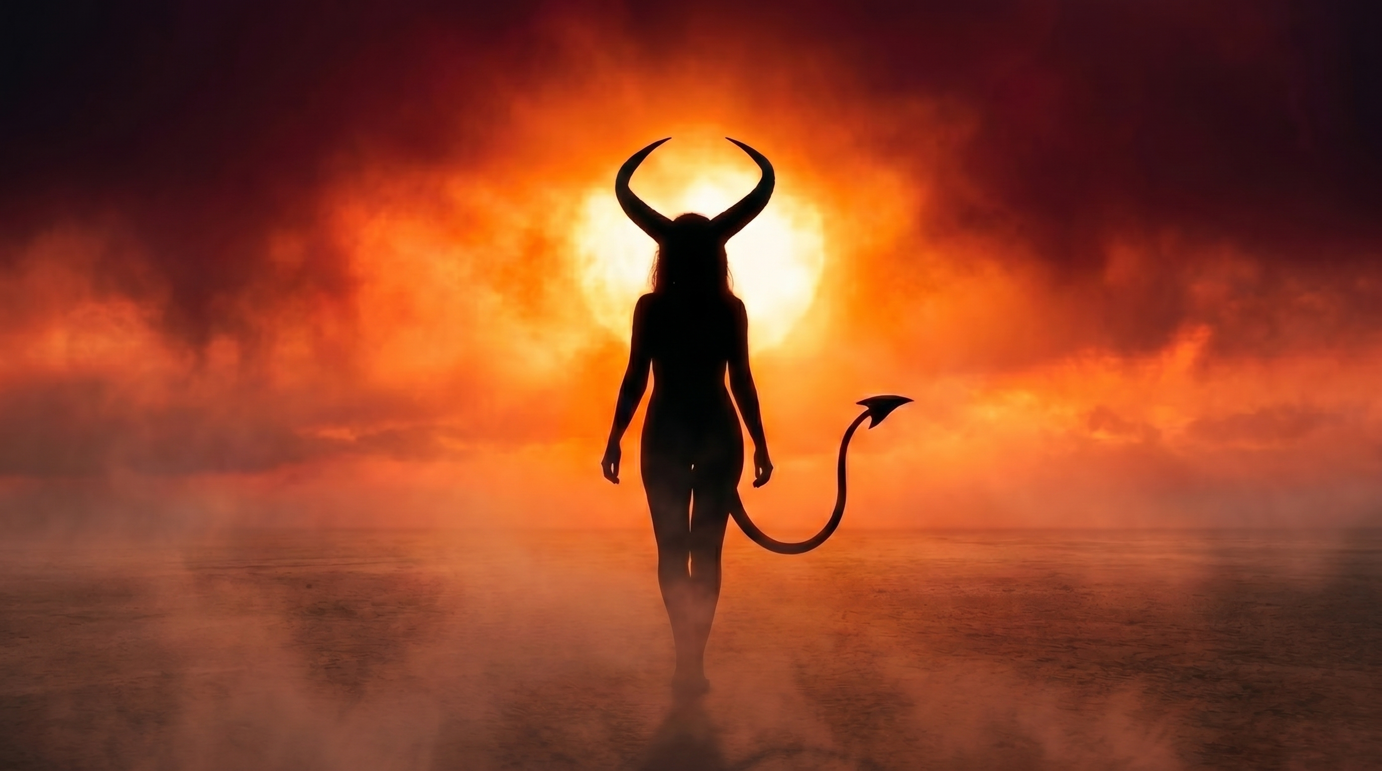Sofia's transformed silhouette, horned and tailed, against the sun