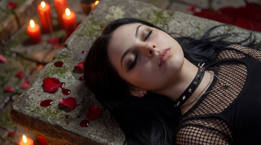 Sofia waking on a stone altar in the crypt