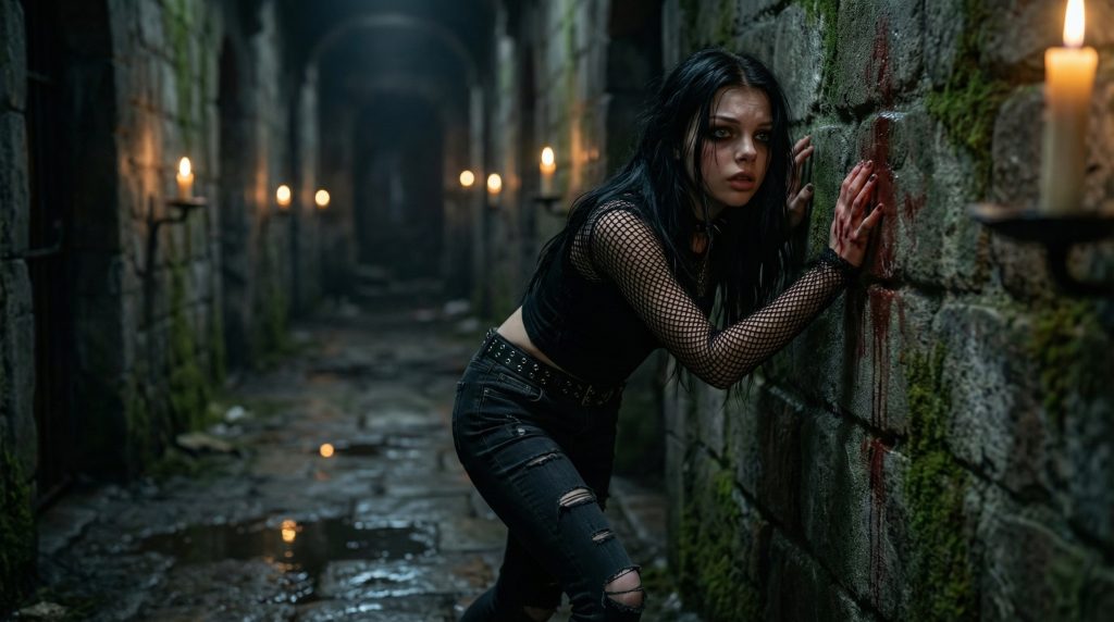 Sofia stumbling through the crypt