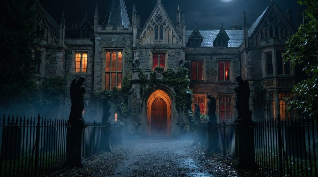 The Gothic manor looming against the stormy sky