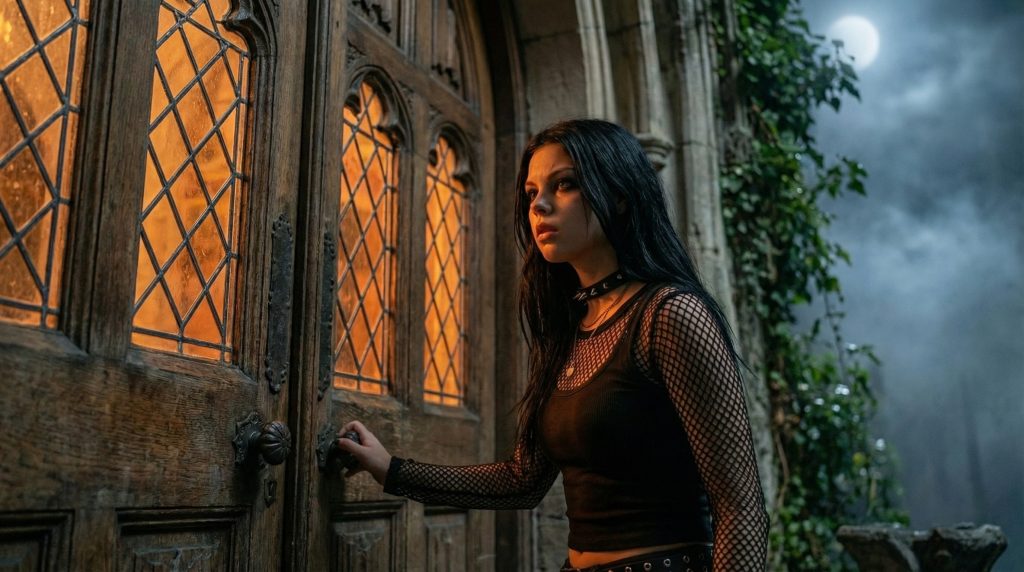 Sofia stepping into the dark manor entryway