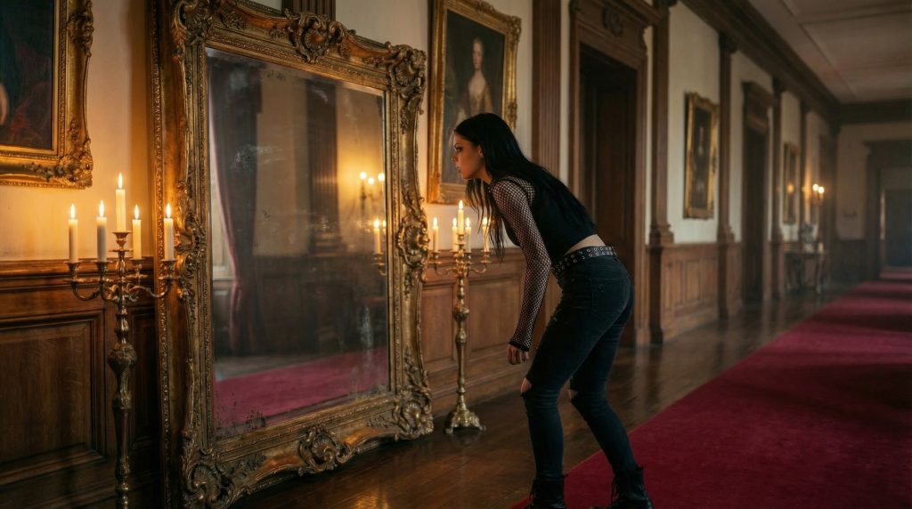 The ornate silver mirror in the manor hallway