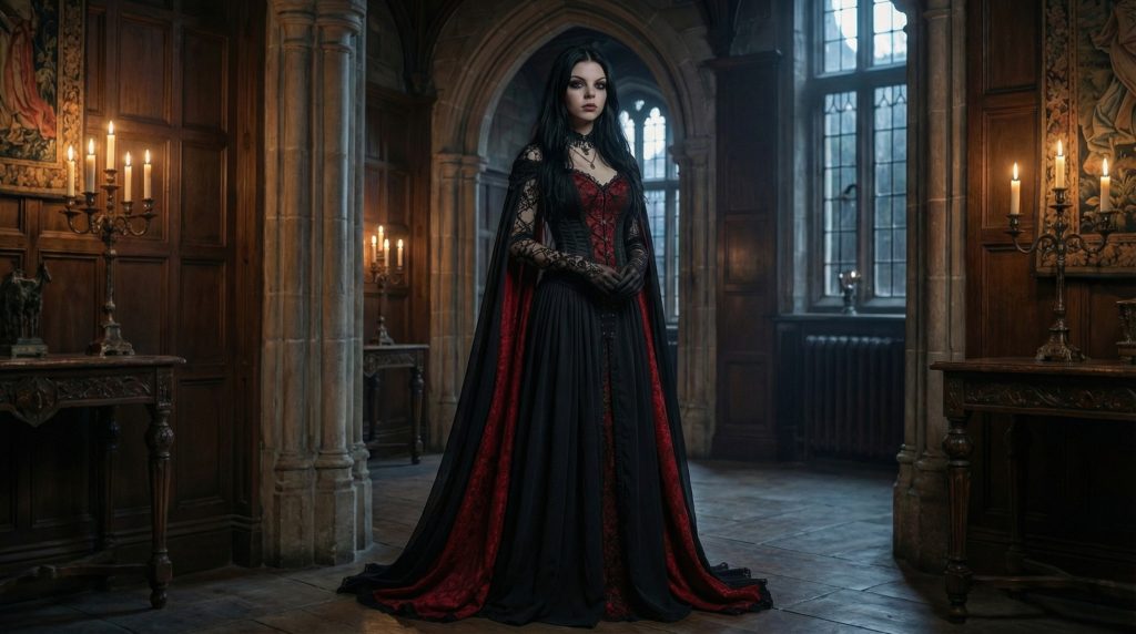 Sofia in the black gothic gown