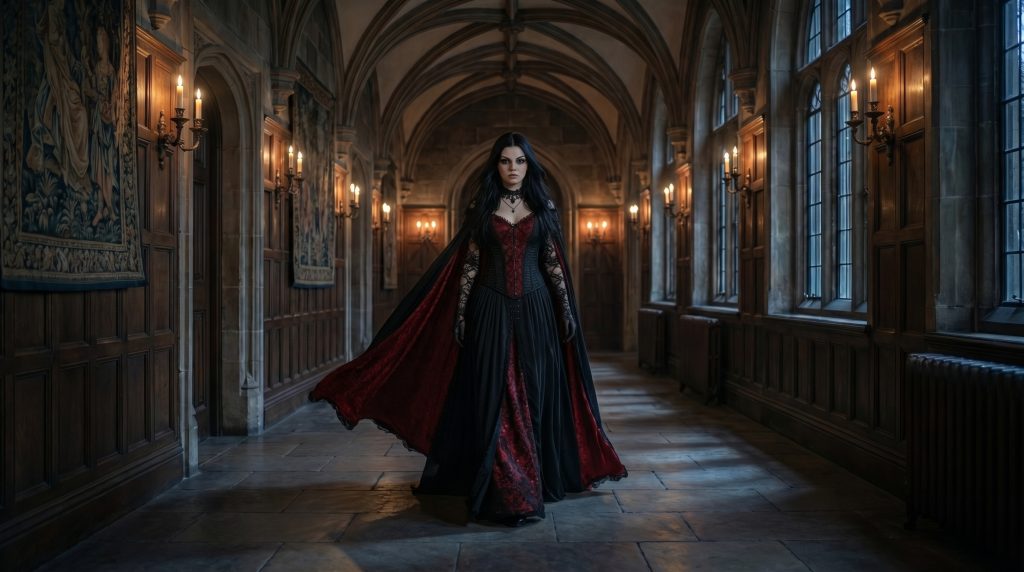 Sofia descending the grand staircase in the gown