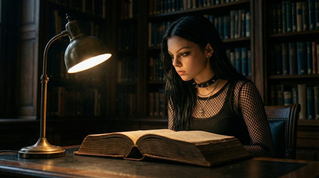 Sofia studying an ancient book in a dark library