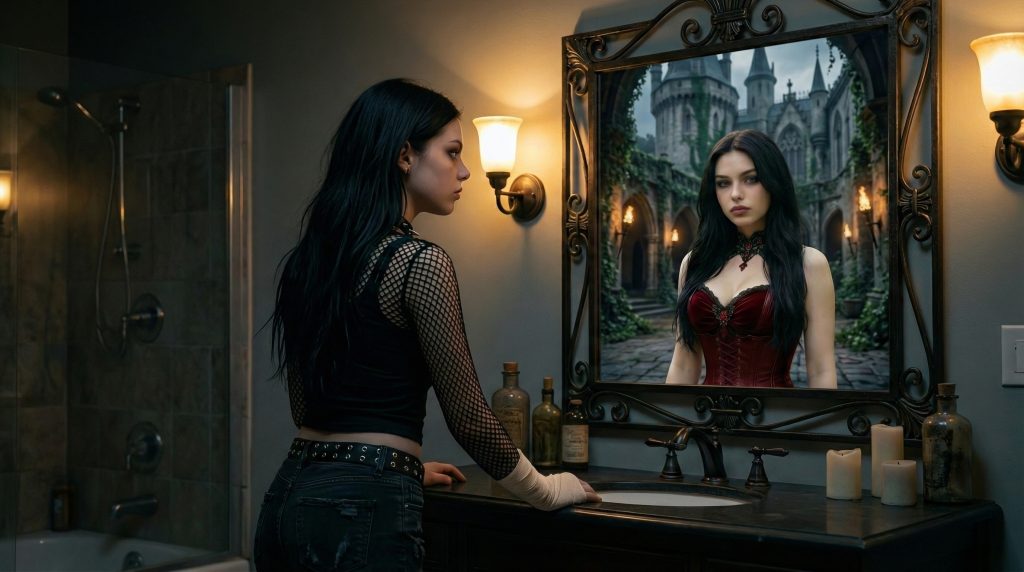 Elvira's reflection in the mirror, wearing the black iron crown